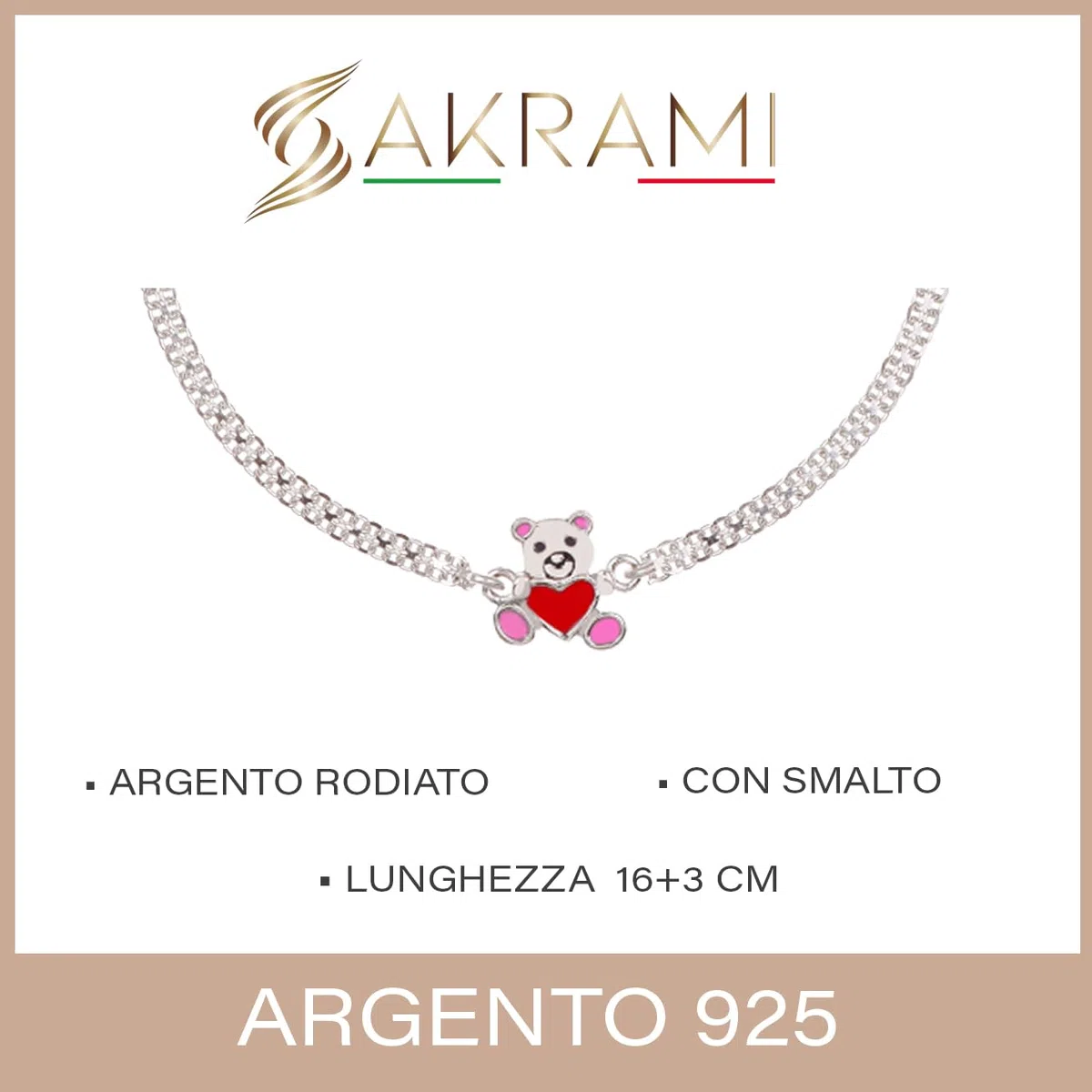 Bracciale Bambini in Argento Sterling 925 con Orsetto abbraccia Cuore smaltato rodiato, perfetto per bambine bambini ragazzine e amiche, Regalo per Nascita Comunione Battesimo Compleanno con Scatola