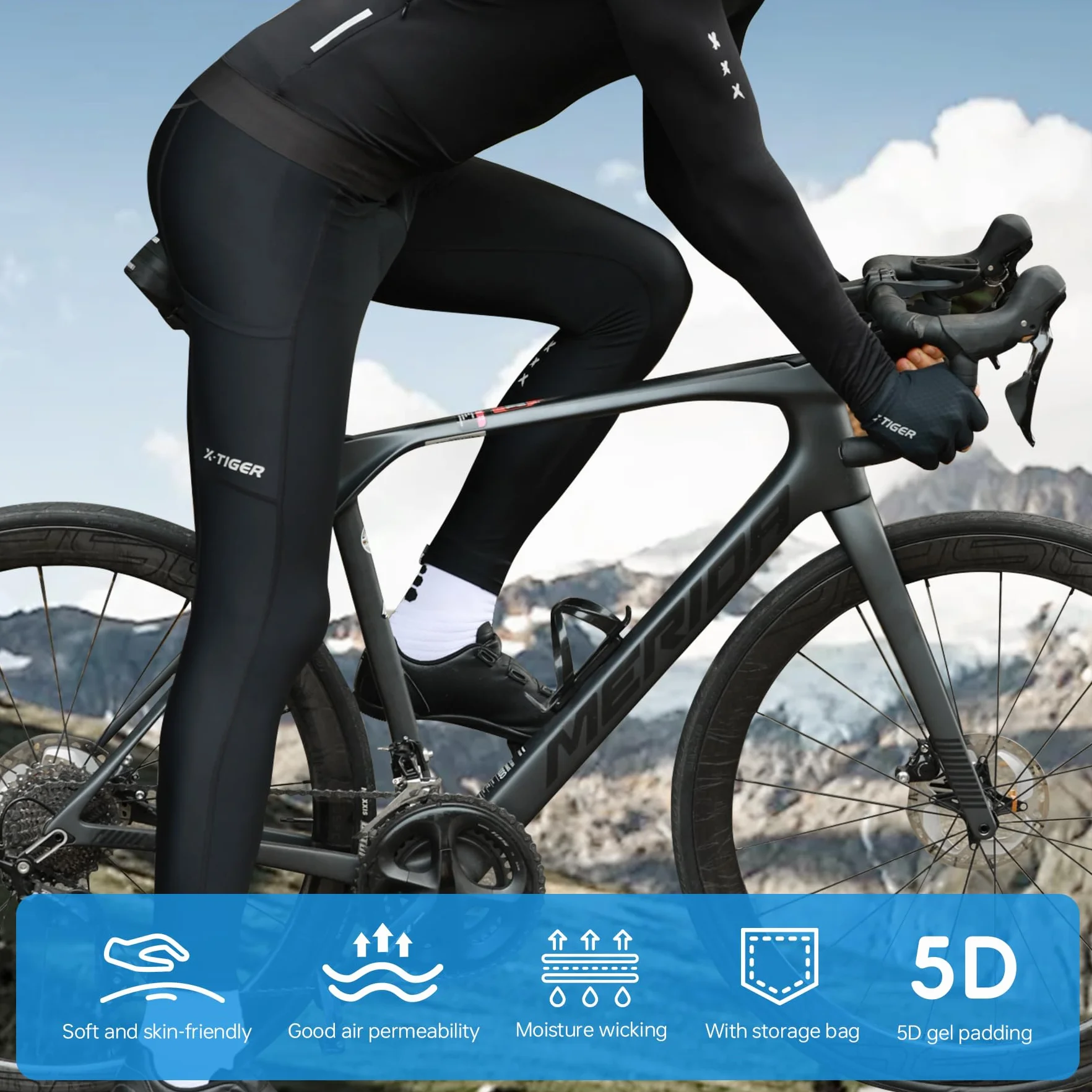 X-TIGER Pantaloni Lunghi Ciclismo Uomo con Imbottito Compression Mutande MTB Pantaloni Traspirante Asciugatura Rapida con 3 Tasche