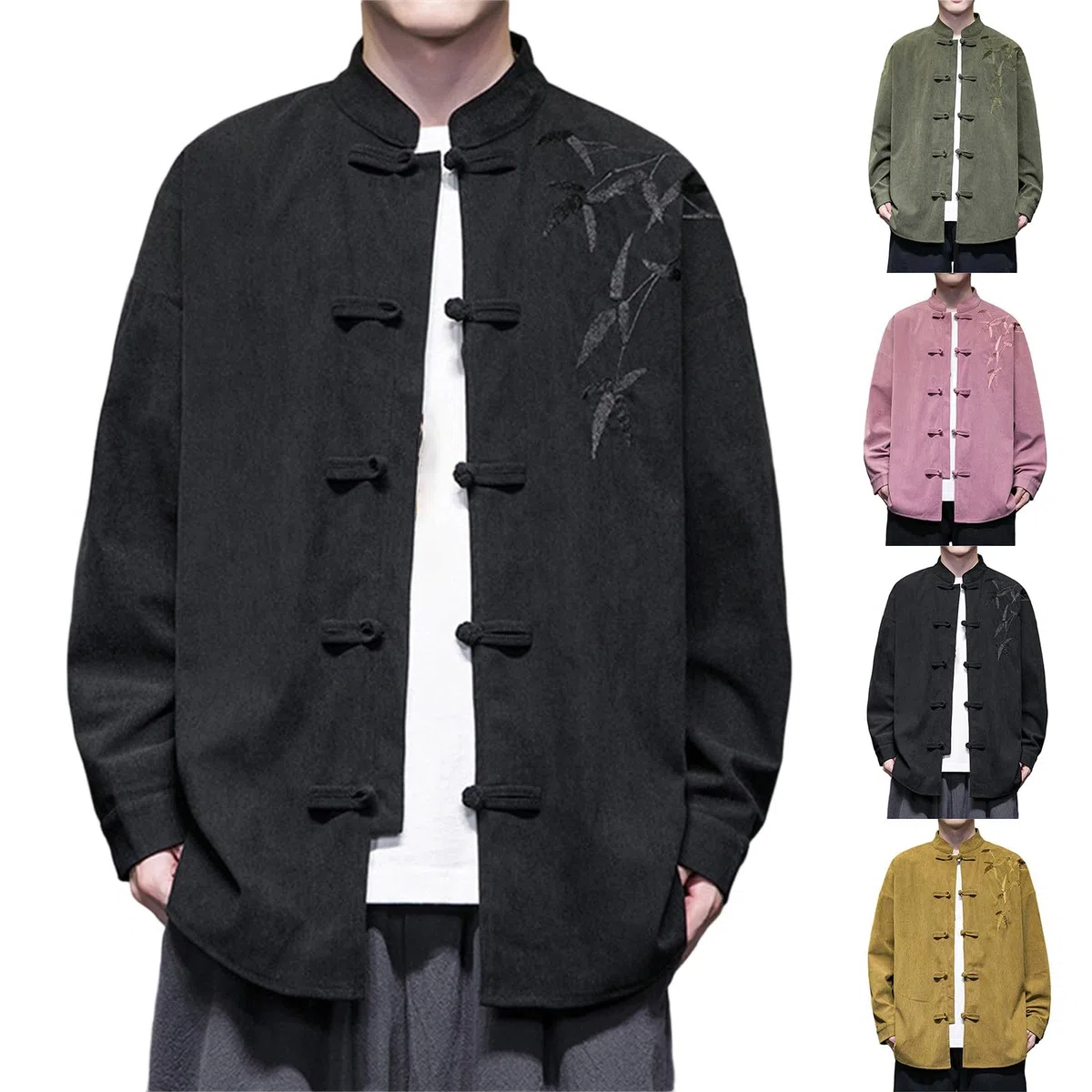 Giacche di velluto per uomo Tang Giacche Casual Ricamate Patchwork Cappotti Stile Cinese Camicia Tang Tuta Hanfu Top Cinese Tradizionale Collo Alto Manica Lunga Cappotto