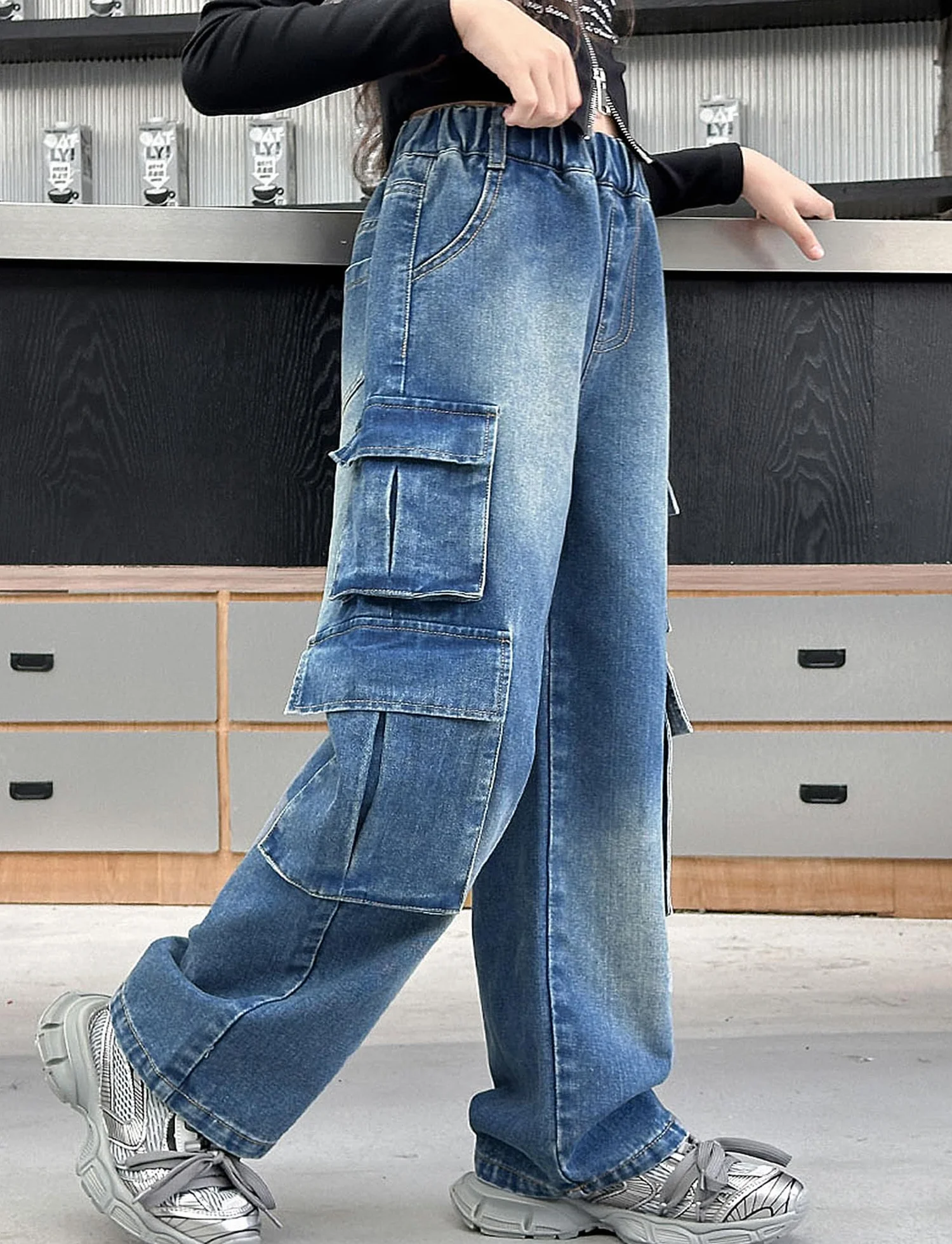 SEAUR Jeans da ragazza Baggy Cargo Multi Tasche Pantaloni cargo Y2K Hip Hop Streetwear per il tempo libero per bambini Jeans elastico in vita – 120 – 170 = (EU 110 – 164)