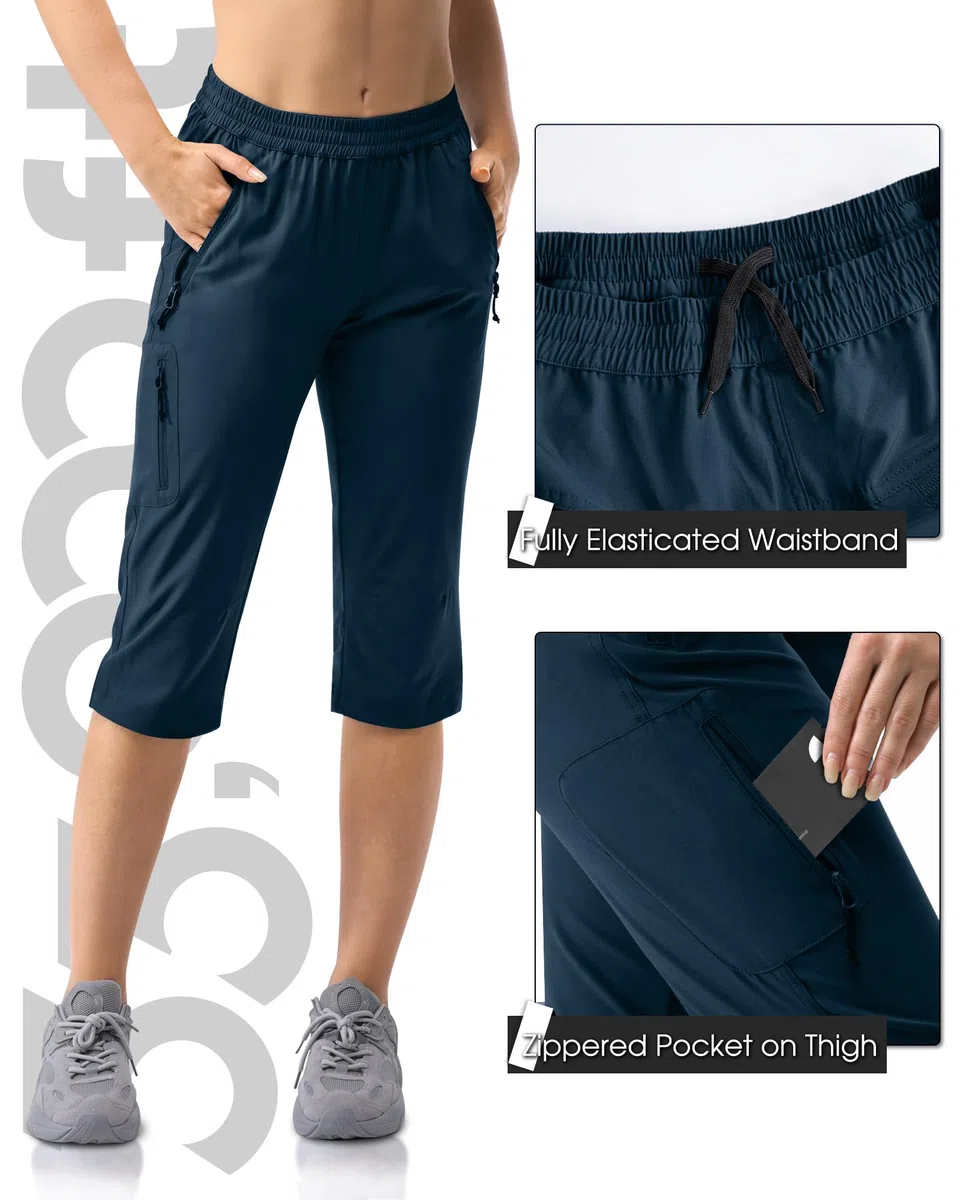 33,000ft Pantaloni da donna a 3/4 Capri elasticizzati, leggeri, da ciclismo, estivi, da golf