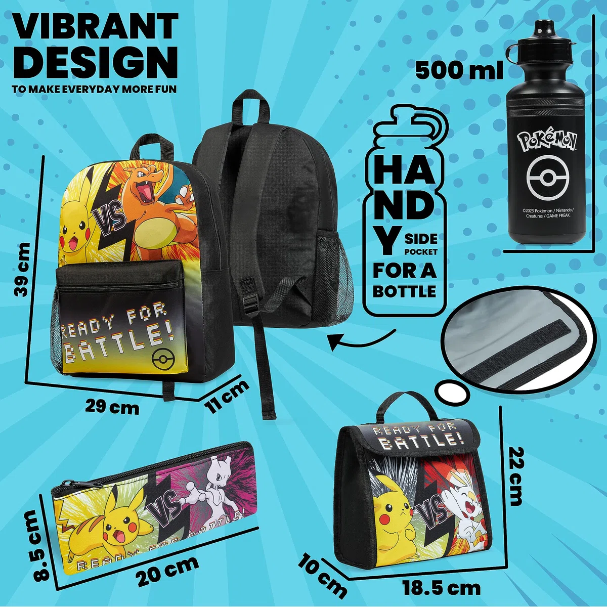 Pokémon Zainetto Bambino Set 4 Pz Zaino Borraccia Astuccio Borsa Porta Pranzo o Portafoglio Anime Accessori Scuola Regalo Bambini (Nero/Giallo 4 Pz Set)