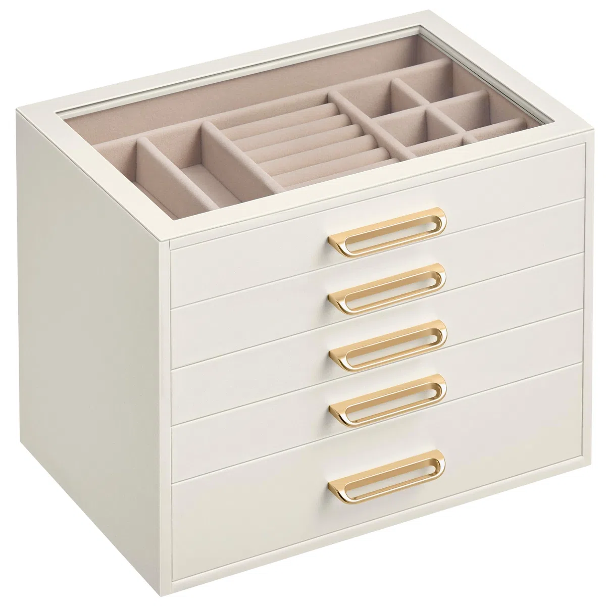 SONGMICS Scatola Portagioie, Porta Gioielli a 5 Livelli con Finestra in Vetro, 5 Cassetti, Capiente, Moderno, Maniglie Dorate, Idea Regalo, 17,2 x 24 x 18,4 cm, Bianco Crema JBC205WD01