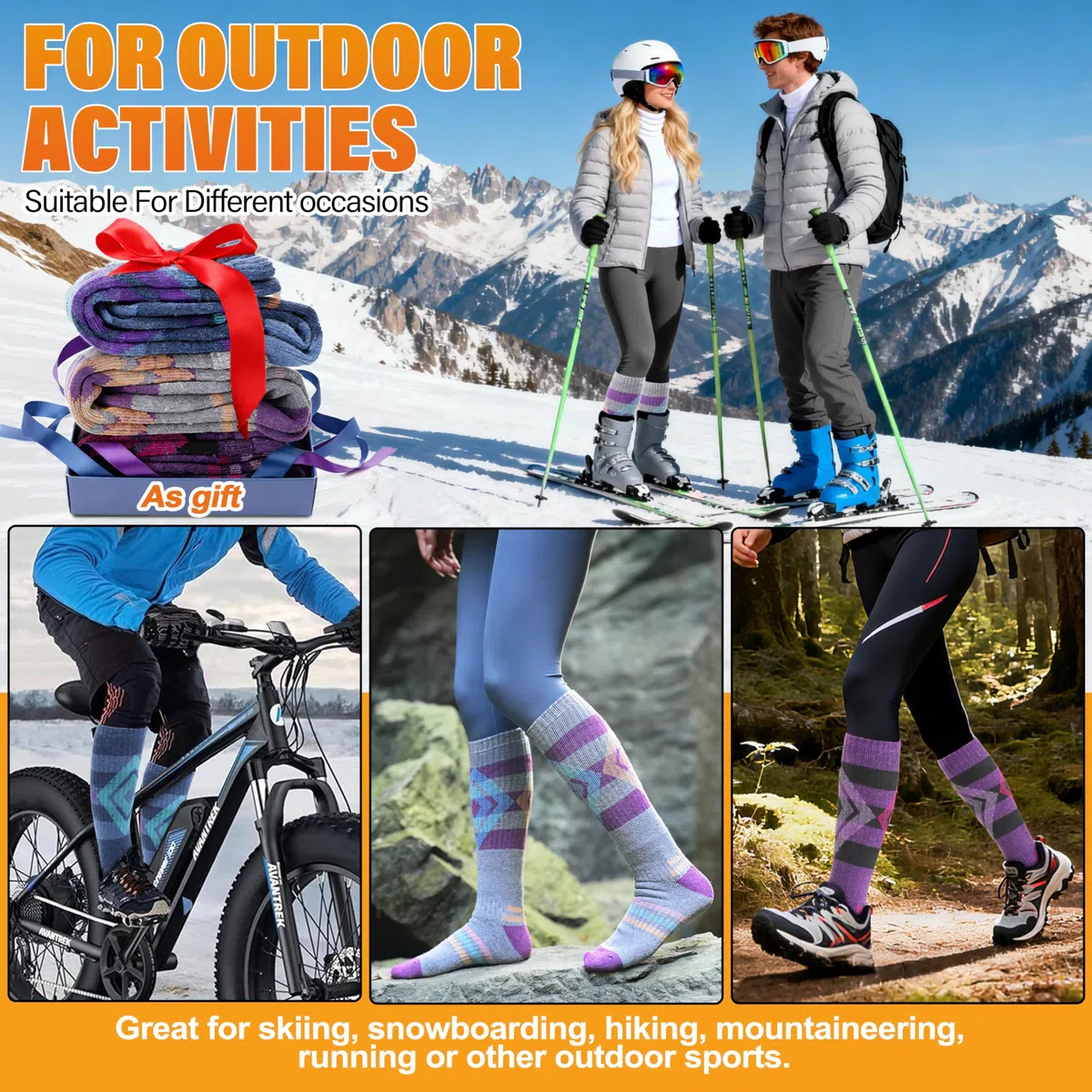 Welwoos Calze da sci lana merino, termiche, spesse, a compressione, traspiranti, in 3 paia.