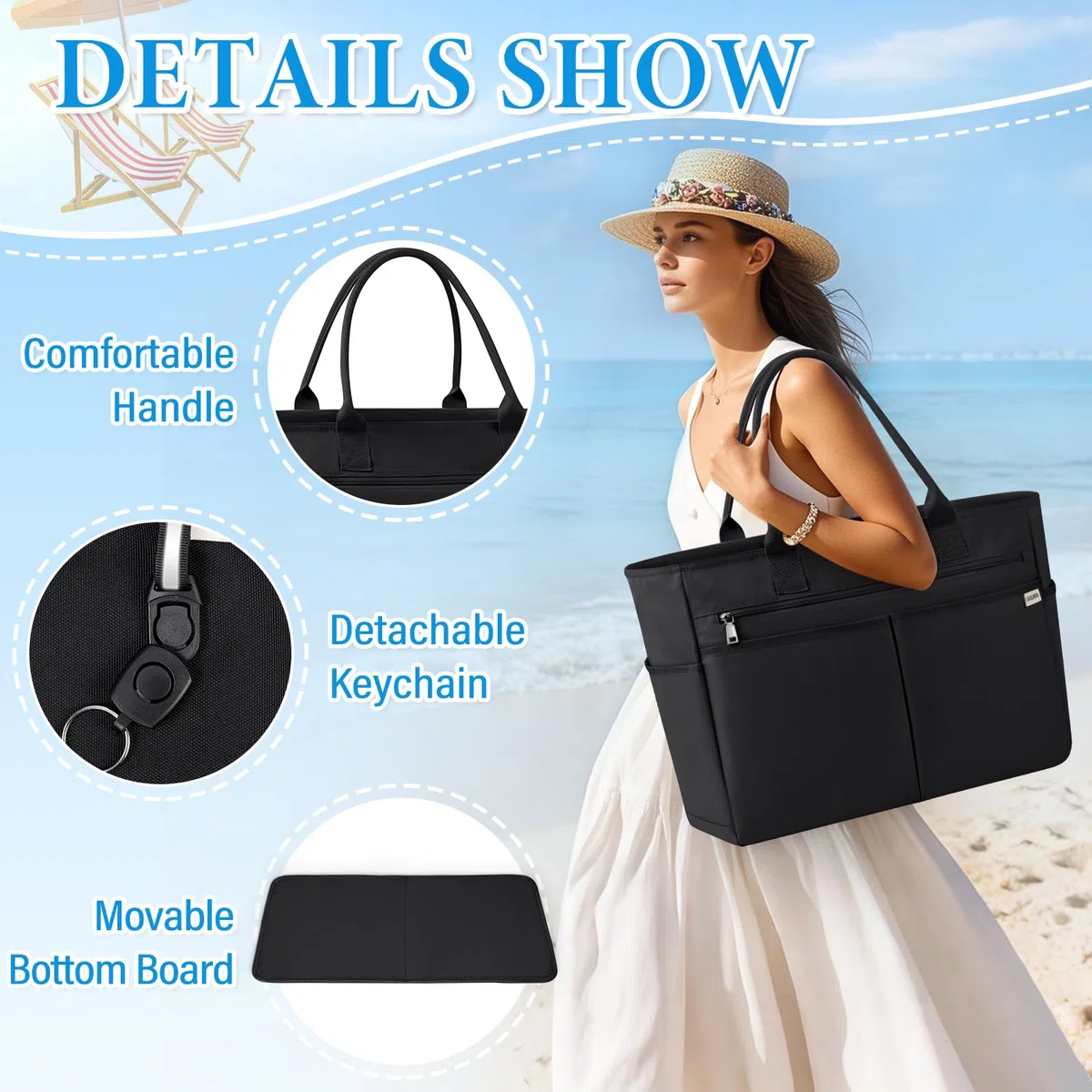 IGOLUMON Borsa Mare Donna Grande XXL Famiglia Borsa Spiaggia con Cerniera Capacità 40L Pieghevole Borse Tote per Mare Viaggio Shopping Nero