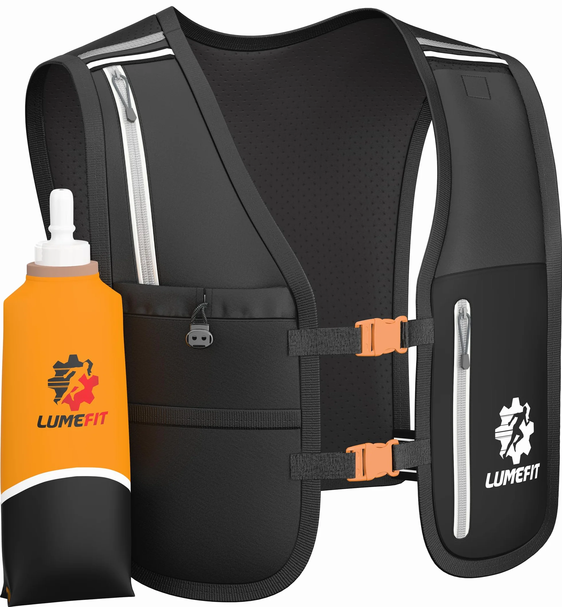 LUMEFIT Gilet Running Riflettente con Bottiglia d'Acqua 500 ml, Gilet da Corsa Traspirante Uomo Donna, Tasche Multiple e Cintura Regolabile, Running Vest per Ciclismo, Escursionismo, Trekking, Trail