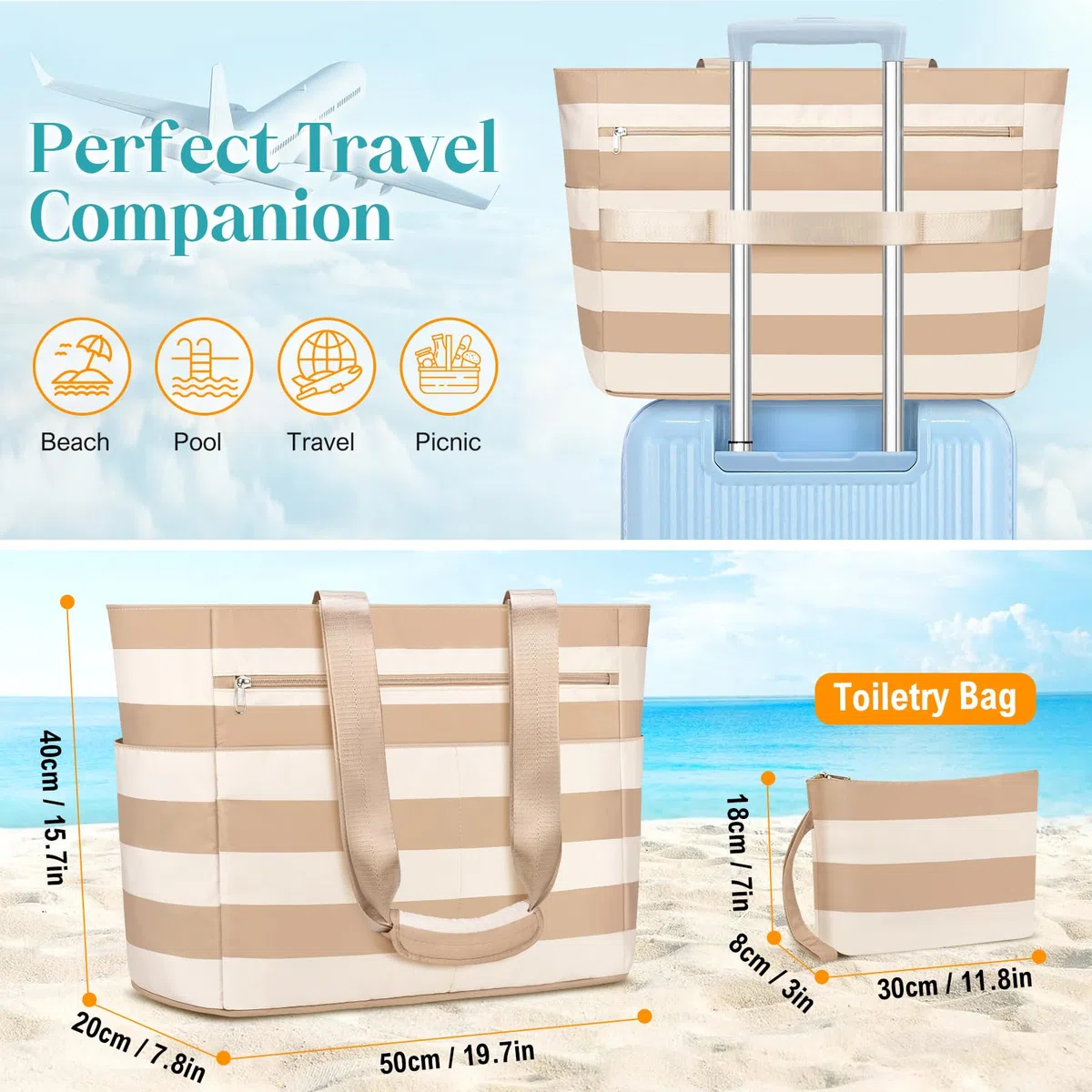 Borsa Spiaggia Donna Grande XXL Famiglia Borsa Mare Impermeabile Borsa Piscina Beach Tote Bag Pieghevole Borse da Viaggio Tracolla Borse da Spiaggia con Cerniera & Multicomparto