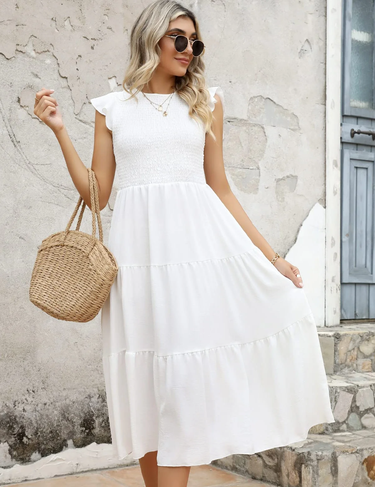 CMTOP Vestito Donna Estivo Abito Lungo Estivo Girocollo Scollo Vestiti con Manica a Volant Casuale Vita Elastica Abiti da Mare Spiaggia Eleganti Tinta Unita Abito di Linea A