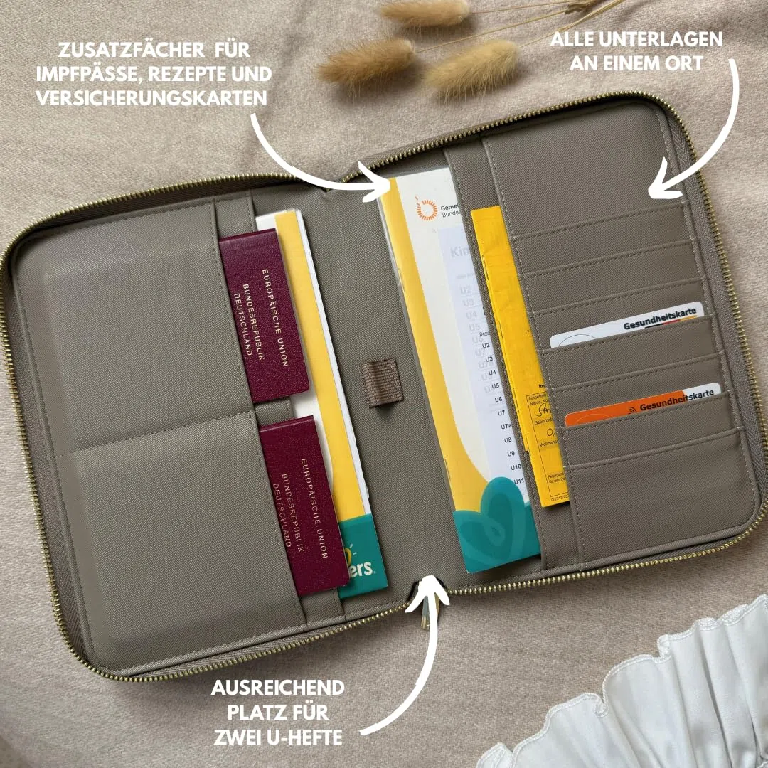 Organizer da viaggio e per famiglie, organizer per quaderni a U 3 in 1, con scomparto per passaporto e passaporto in ecopelle Saffiano, grigio/marrone, 24 cm, Classico