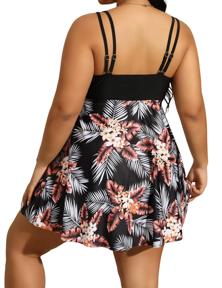 HANERDUN Plus Costume da Bagno Donna Tankini Set da Donna Due Pezzi Sexy Scollo a V Coulisse Push up Imbottito Reggiseno Costume da Bagno Floreale Tankini Moda Mare Plus Size