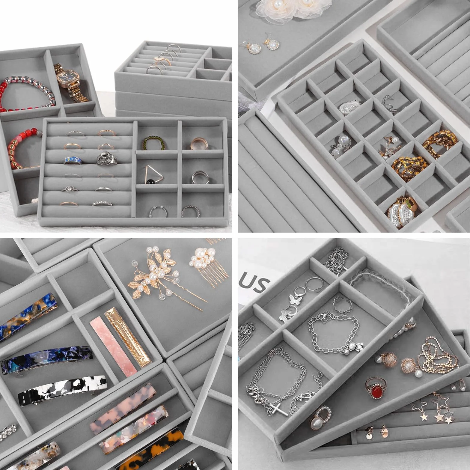 12 vassoi di gioielli impilabili in velluto grigio, organizer per gioielli, grande display rimovibile, per orecchini, anelli, spille, orologio (grigio)