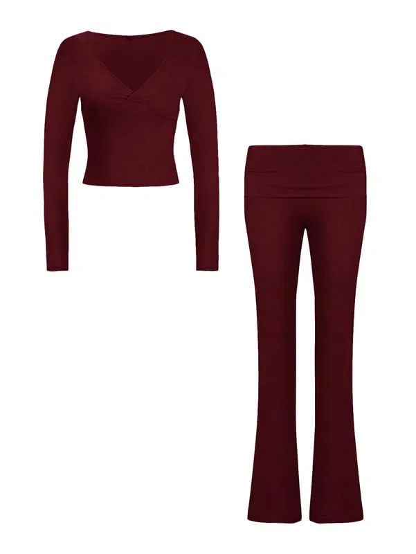 Tuta Donna Casual 2 Pezzi Completo Sportivo Maniche Lunghe Crop Top e Pantaloni a Zampa Tute Scollo a V Slim Fit Lounge Set Elegante per Yoga Palestra Fitness Jogging Outfit Y2K Streetwear