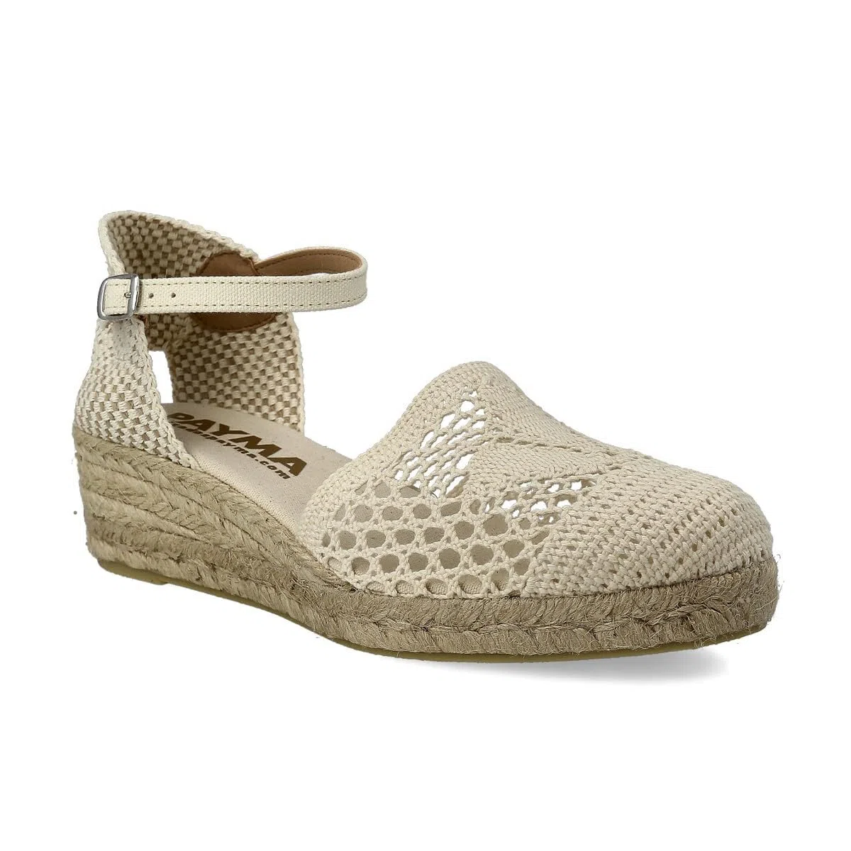 Sandali Bassi con Zeppa de Juta Sparto per Donna. Fatto in Spagna all'uncinetto. Espadrillas con Tacco Basso. Suola Imbottita in Tessuto. Fibbia o Cinturini alla Caviglia