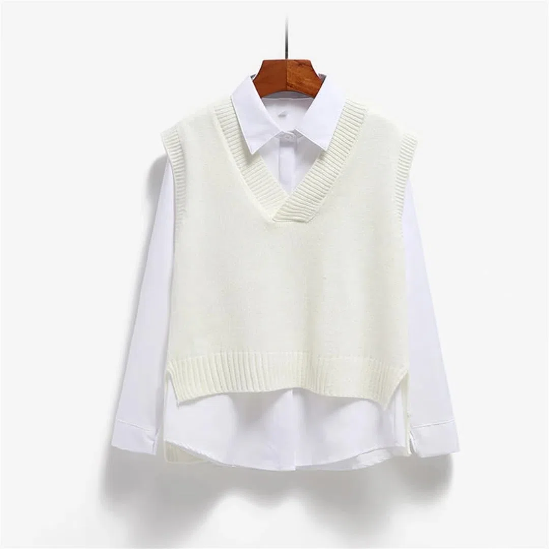 Maglione in cotone da donna Gilet con scollo a V Maglia Maglia tinta unita Pullover senza maniche