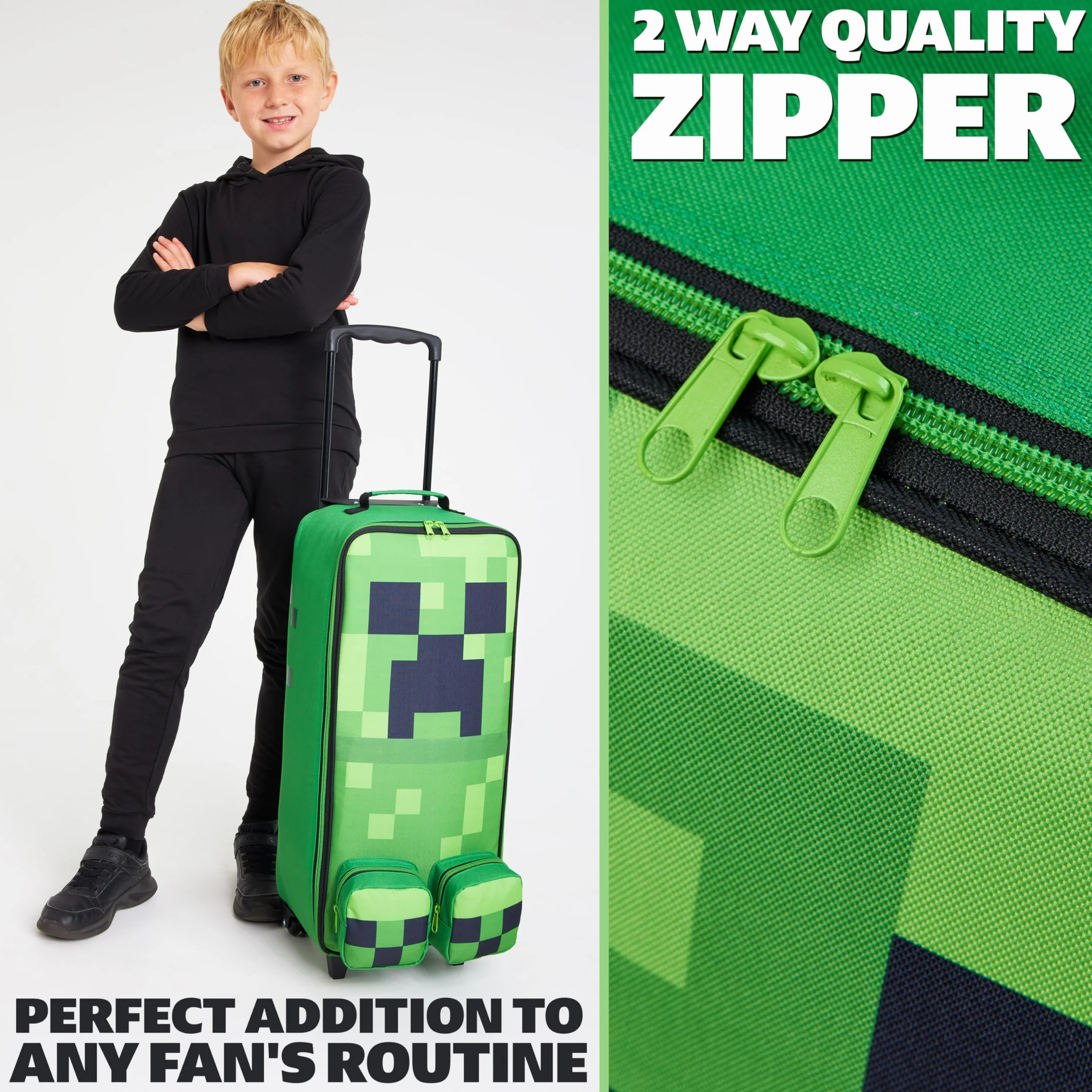 Minecraft Valigia Bambino con Ruote, Morbido Valigie Bambini, Creeper Pieghevole Trolley da Viaggio, Accessori Viaggio, 64x17x25cm, 17L