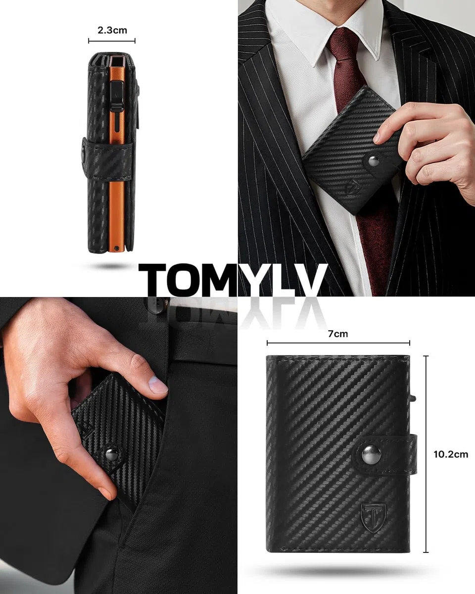 Portafoglio Uomo Slim RFID Blocking, Fibra di Carbonio Porta Carte di Credito Uomo - ID Window, Tasca Portamonete con Cerniera, Scomparto per Banconota, Confezione Regalo - Nero Arancione