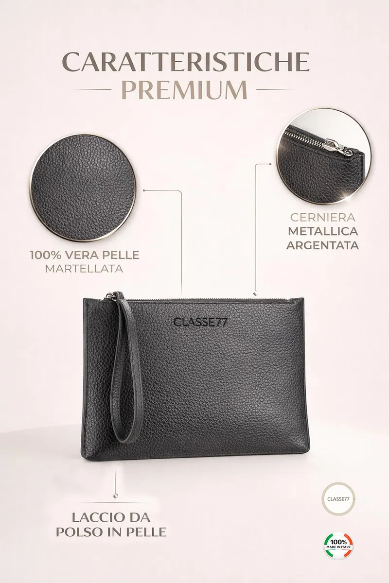 Pochette a Mano in vera Pelle morbida - Borsetta Piccola Clutch con Laccetto da Polso, per Uomo o Donna, pratica ed elegante - Produzione artigianale - Made in Italy