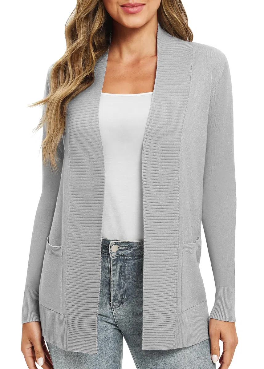 EXCHIC Donna Casuale Manica Lunga Lavorare a Maglia Cardigan Leggero Comodo Fronte Aperto Maglioni Lunghi con Tasche
