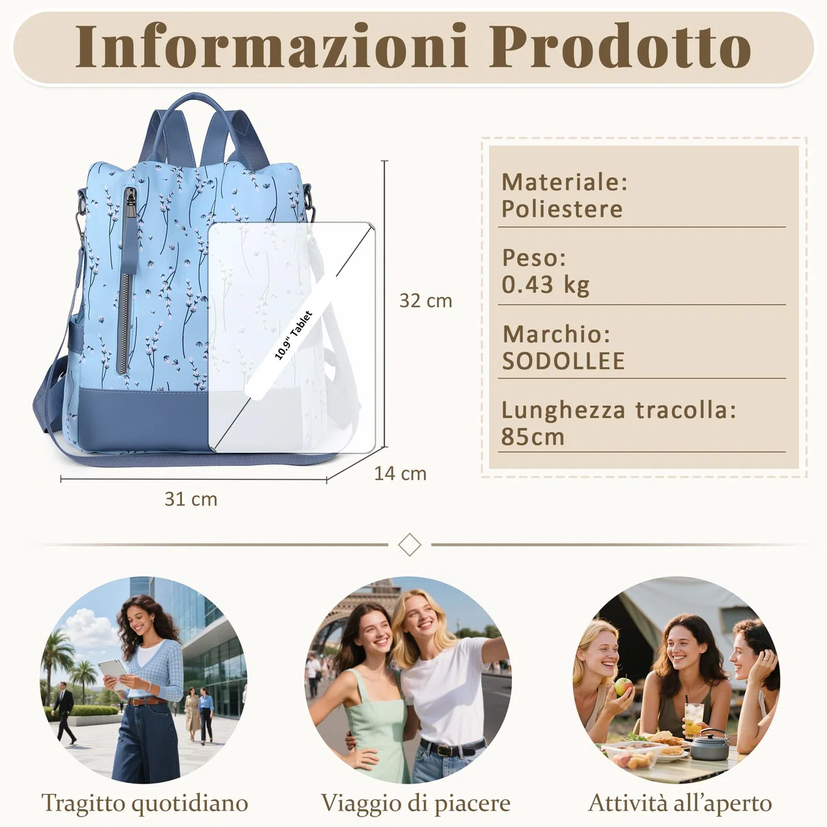 Donna Zaino Antifurto Casuale Signora Zainetto Tasche Multiple Zaini Borse a Tracolla Impermeabile Poliestere Backpack Lavoro Università Viaggio Daypack Blu