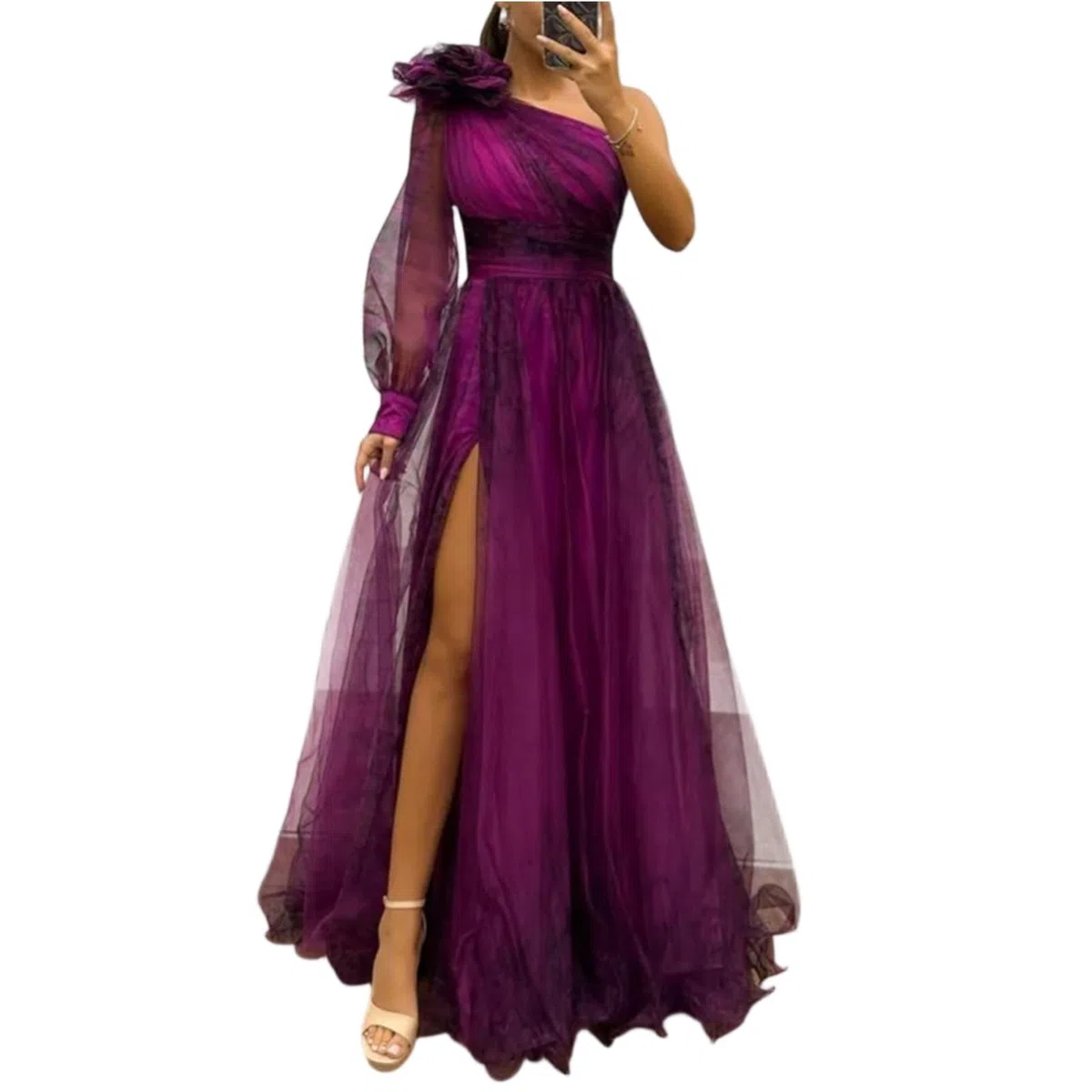 Generico Abito Donna con Spalla Asimmetrica e Maniche Lunghe in Tulle Stampa Floreale con Bretelline Vestito Spiagge e Feste Estive da Vacanza