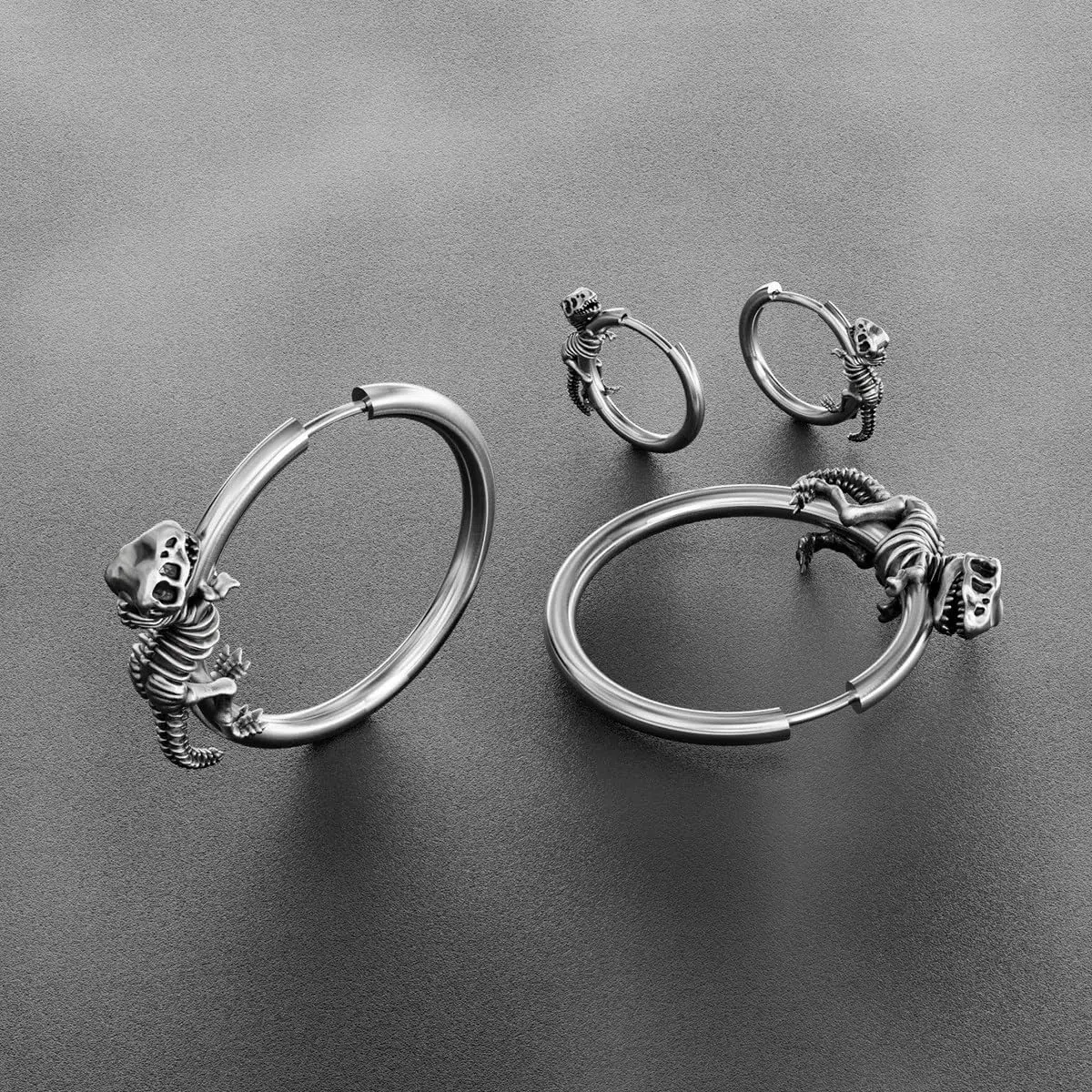 PUNKYOUTH Orecchini a cerchio con dinosauro gotico da 18 g, in argento 925, con T-Rex e triceratopo, scheletro di drago, fossile Huggie, punk grunge, accessorio regalo per Halloween, regalo per donne