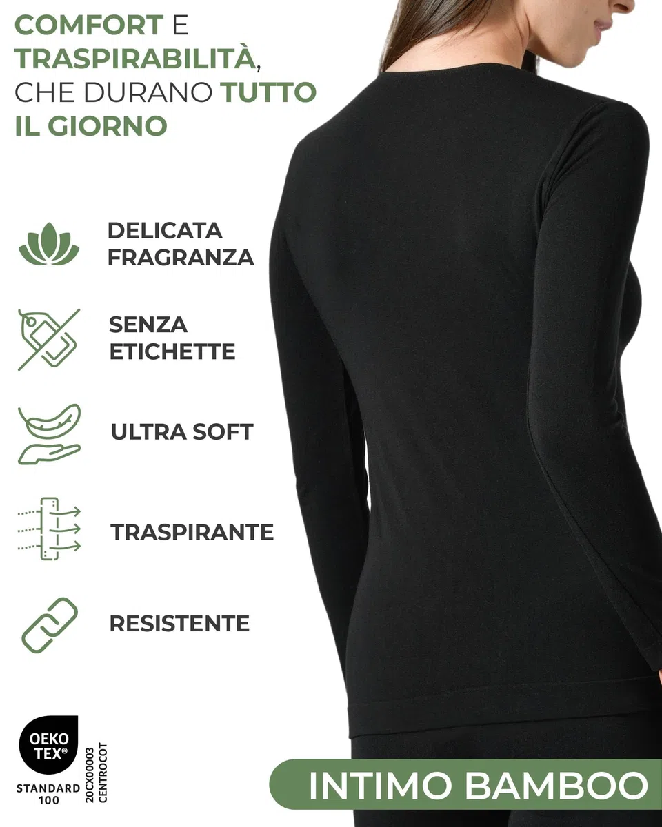 Risalti Maglia Donna in Viscosa di Bamboo - sotto Giacca Donna Manica Lunga Elastica, Traspirante e Morbida, Intimo Senza Cuciture per Pelli Sensibili - Made in Italy