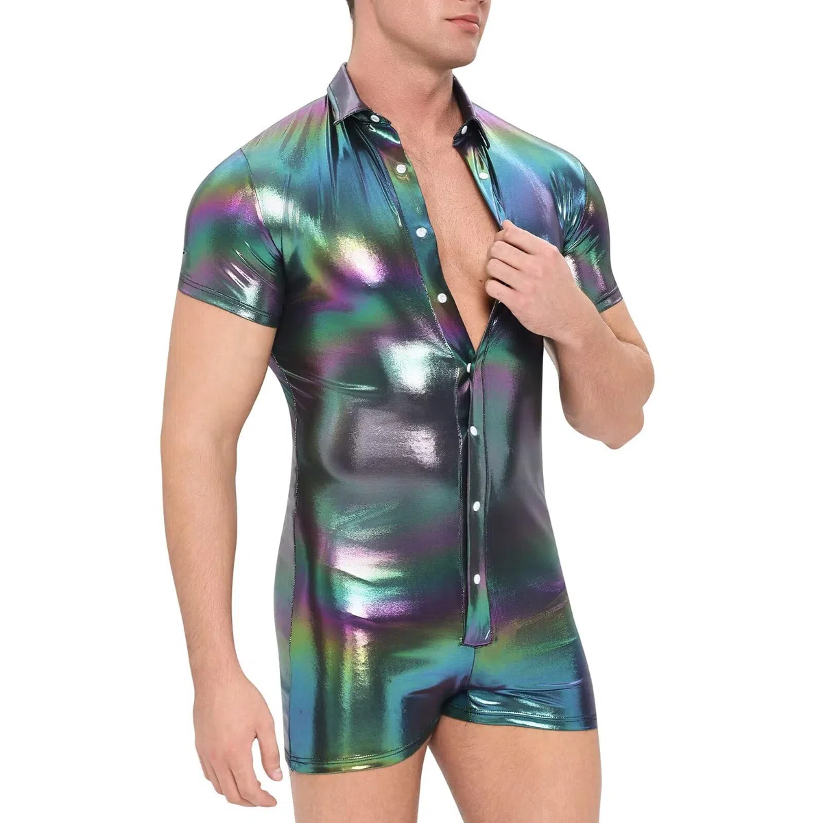 Landofgenie Body per Uomo in Metallo Optico, Pyjama a Maniche Corte, Bodysuit Monopezzo per Uomo