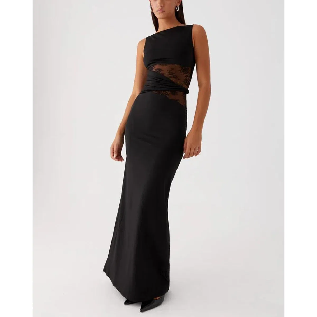 Abito Lungo Donna Maxi Vestito Sexy Senza Maniche Aderente Abito Elegante in Pizzo Floreale Patchwork Abiti da Festa Bodycon con Scollo Rotondo per Discoteca Cocktail Nozze Club Cerimonia