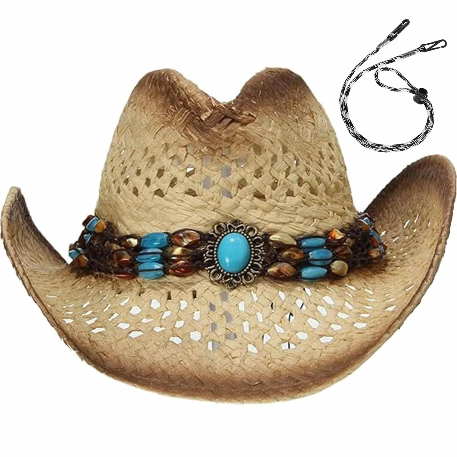 GEMVIE Cappello da Cowgirl in Paglia da Donna, Cappello da Cowboy da Spiaggia, Cappello da Sole, Cappello da Cowboy Estivo