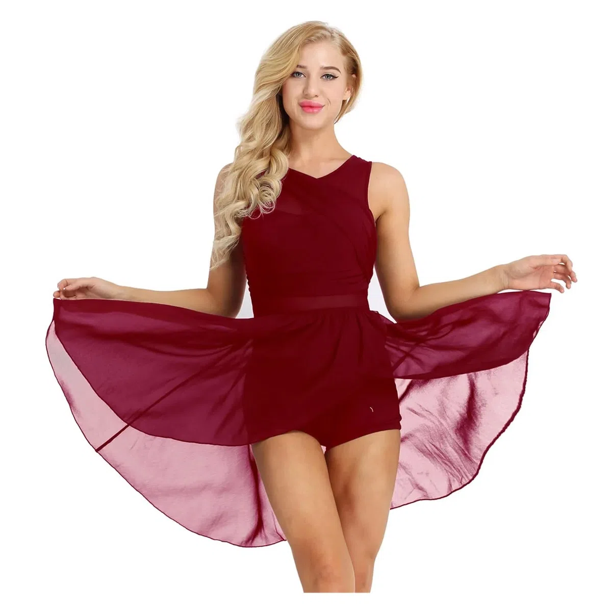 Body Pattinaggio Abito da ballo lirico da donna, elegante, senza maniche, in chiffon elasticizzato, for balletto, for adulti, pattinaggio, danza moderna, abbigliamento da ballo contemporaneo(Wine Red,