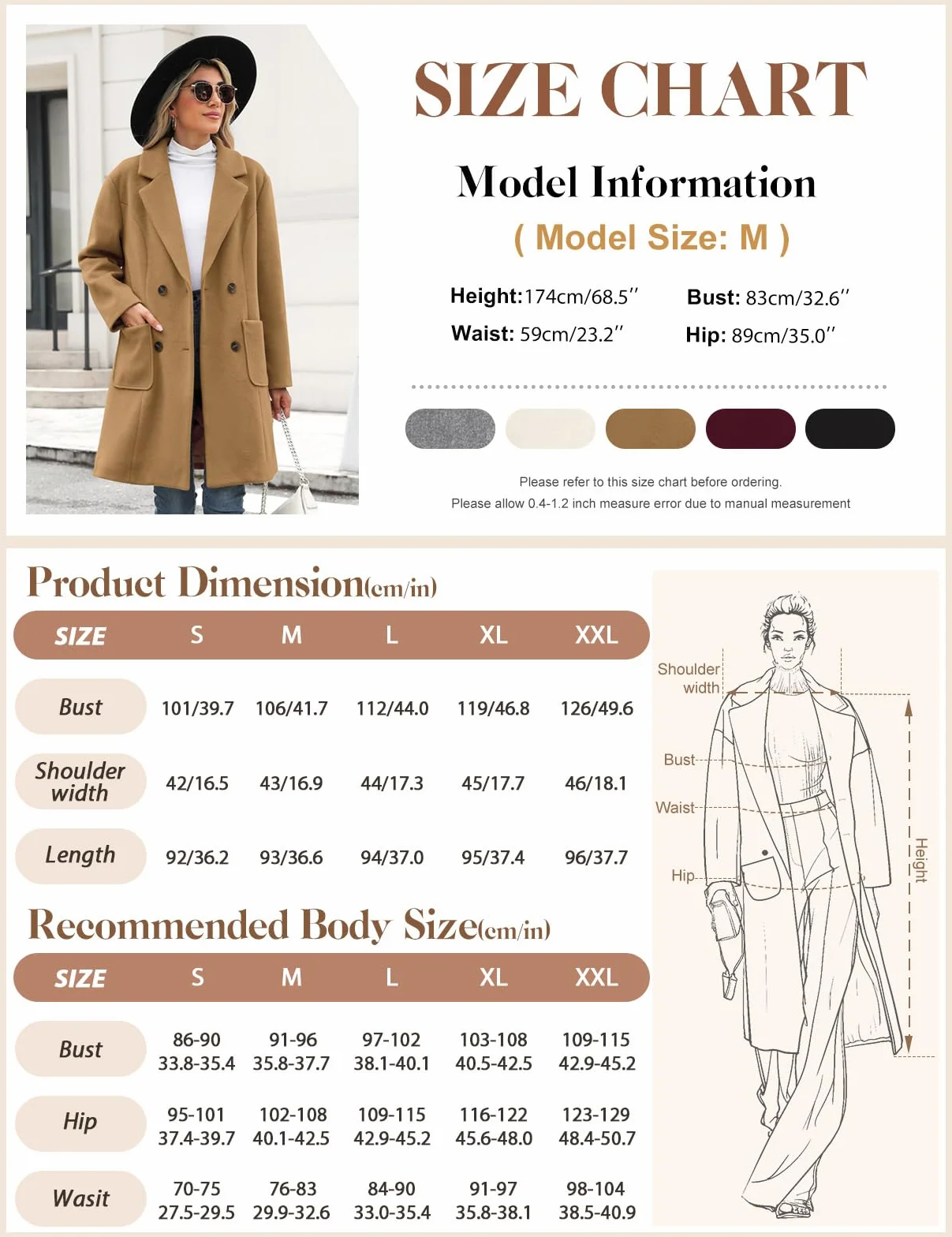 Yuson Girl Cappotto Donna Lungo Elegante Cappotti Lana Autunno e Invernale Cappottino in Lana Caldo Giacca Cardigan Doppiopetto Trench Coat Media Lunghezza Jacket Parka con Tasche