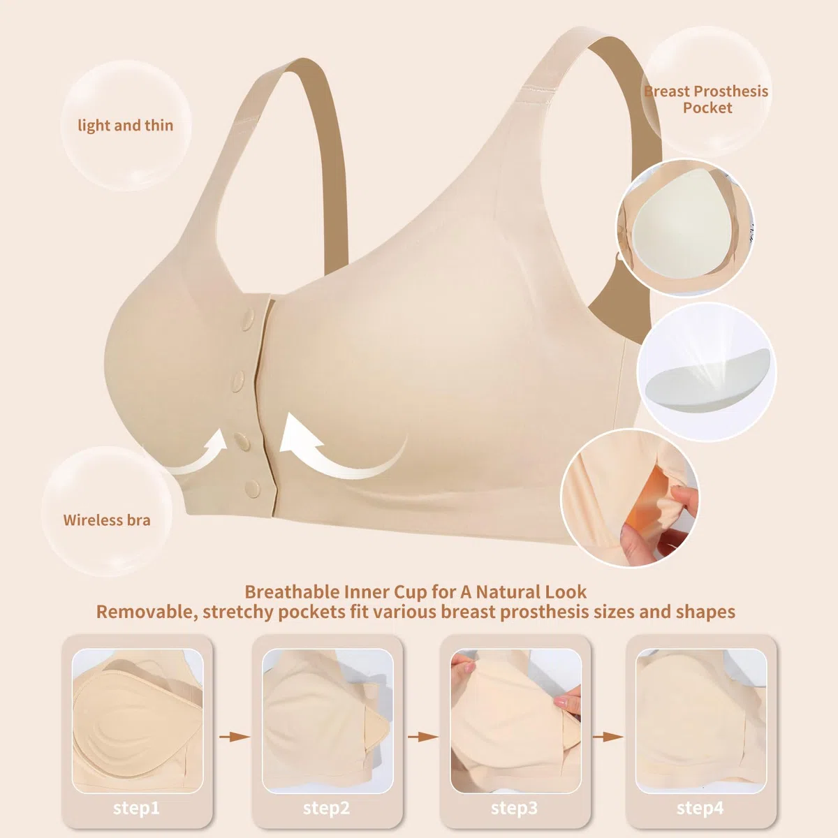 Lervanla Reggiseno per mastectomia post intervento chirurgico con tasche, chiusura frontale senza ferretto per forme del seno, spalline regolabili senza cuciture, reggiseno morbido comodo per tutti i