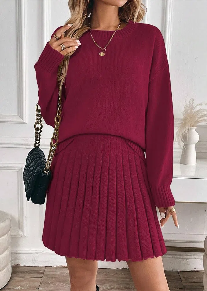 ORANDESIGNE Completo Gonna Plissettata da Donna in 2 Pezzi Abito a Collo Alto e Gonna in Maglia Set 2 Pezzi Vestiti Elegante Vestito in Maglia Gonna A-Line