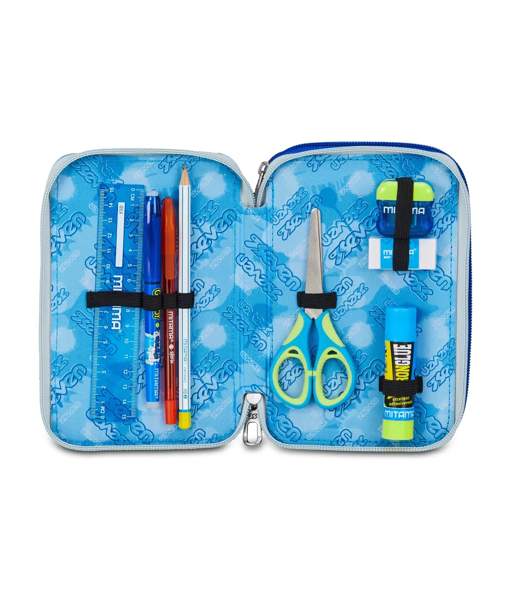 Seven Astuccio Scuola Elementare, 3 scomparti, Medie, con Matite, Pennarelli, Penne, 3 Zip, Hue & Writes, Bambino, Ragazzo, blu