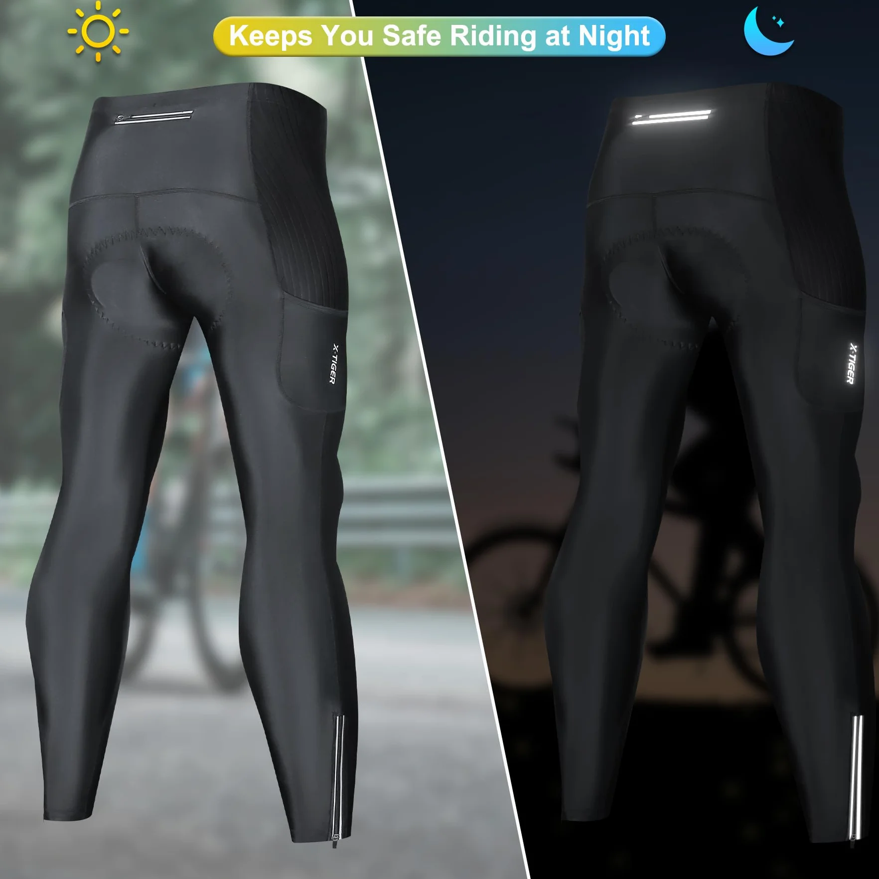 X-TIGER Pantaloni Lunghi Ciclismo Uomo 5D Gel Imbottito,Compression Mutande MTB Pantaloni Traspirante Asciugatura Rapida con 3 Tasche