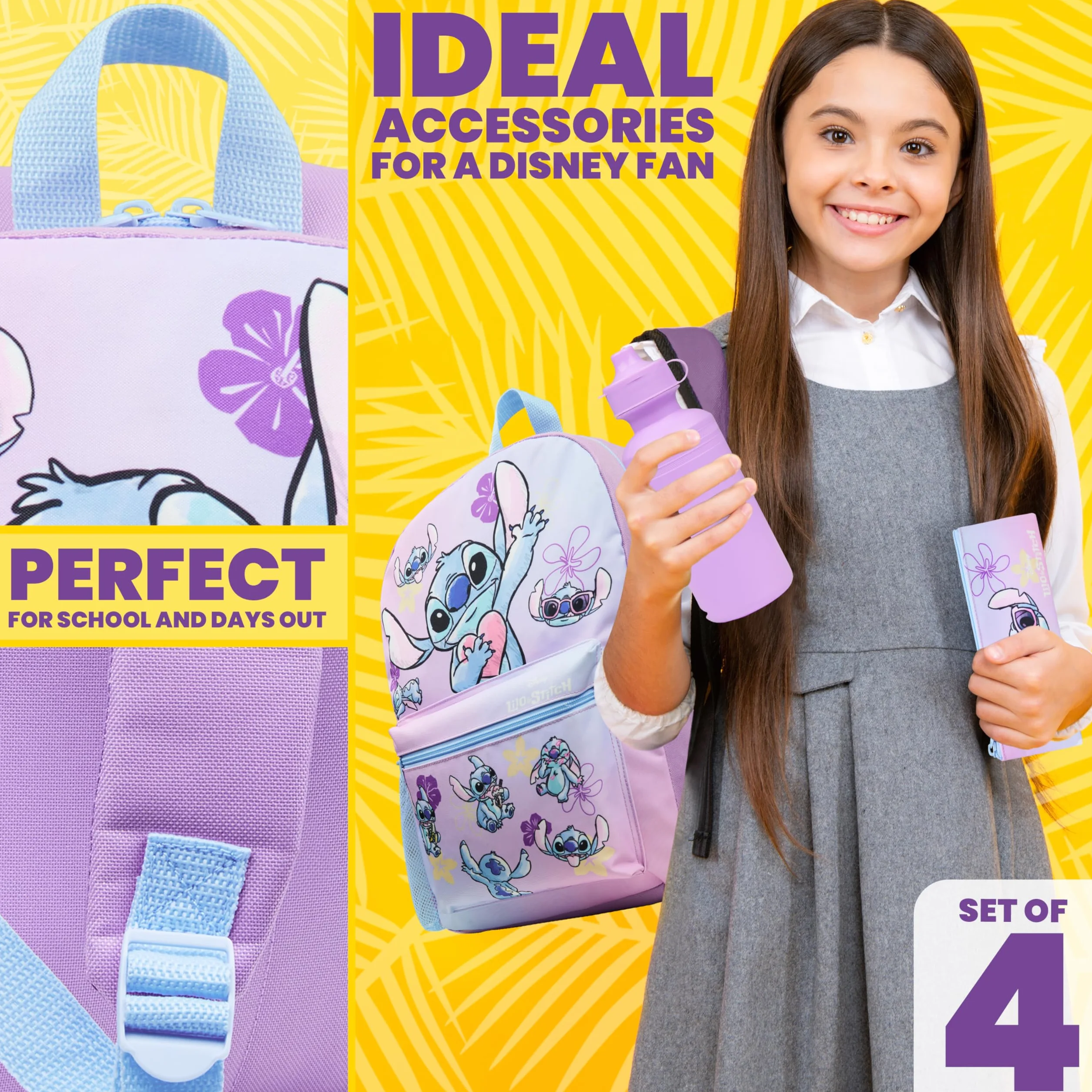 Disney Stitch Zainetto Bambina Ragazza Set 4 Pz con Borraccia Bambini Astuccio Scuola Borsa Portapranzo Accessori Scuola