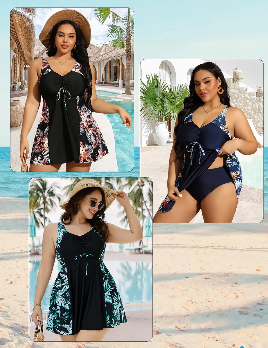 HANERDUN Plus Costume da Bagno Donna Tankini Set da Donna Due Pezzi Sexy Scollo a V Coulisse Push up Imbottito Reggiseno Costume da Bagno Floreale Tankini Moda Mare Plus Size