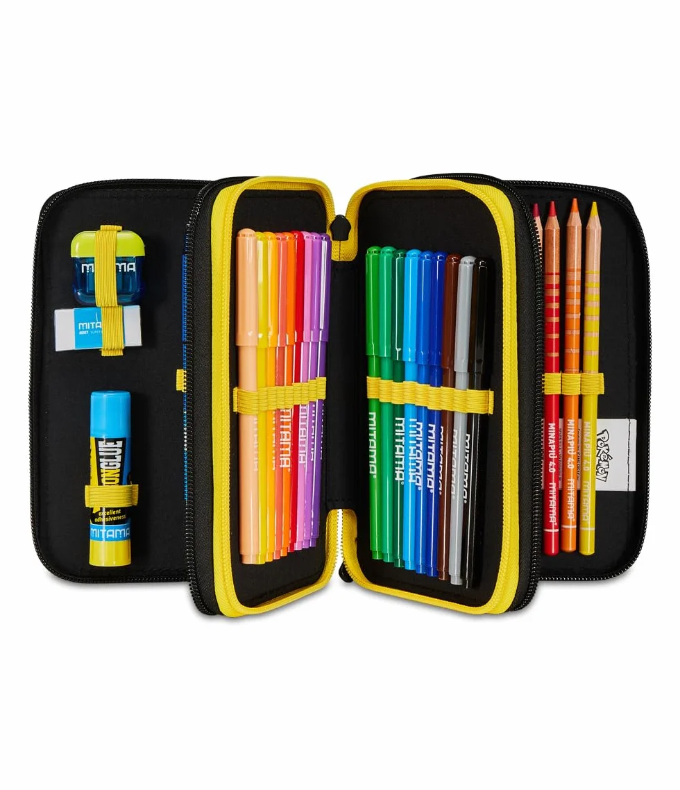 Seven Astuccio Scuola 3 Scomparti, PIKACHU - POKEMON, Giallo Rosso - Portapenne Multi Scomparto Con Matite, Penne e Colori, Accessori Zaino, Zaino Scuola - Astuccio Bambino Ragazzo - Pokemon