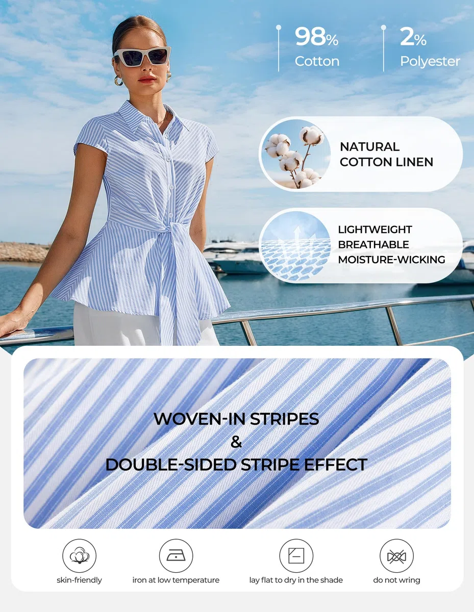 GRACE KARIN Camicetta da donna a righe estiva in cotone peplo elegante casual ufficio lavoro camicetta cravatta frontale manica ad aletta tunica