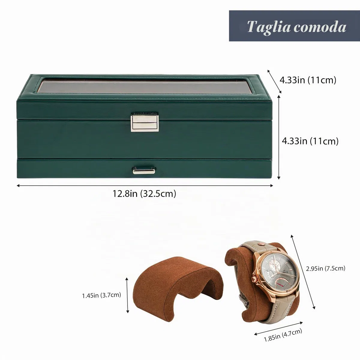 ProCase Scatola per orologi con 6 scomparti, con coperchio in vetro, 2 livelli, con cuscino rimovibile, per gioielli, anelli, bracciali e collane, colore verde
