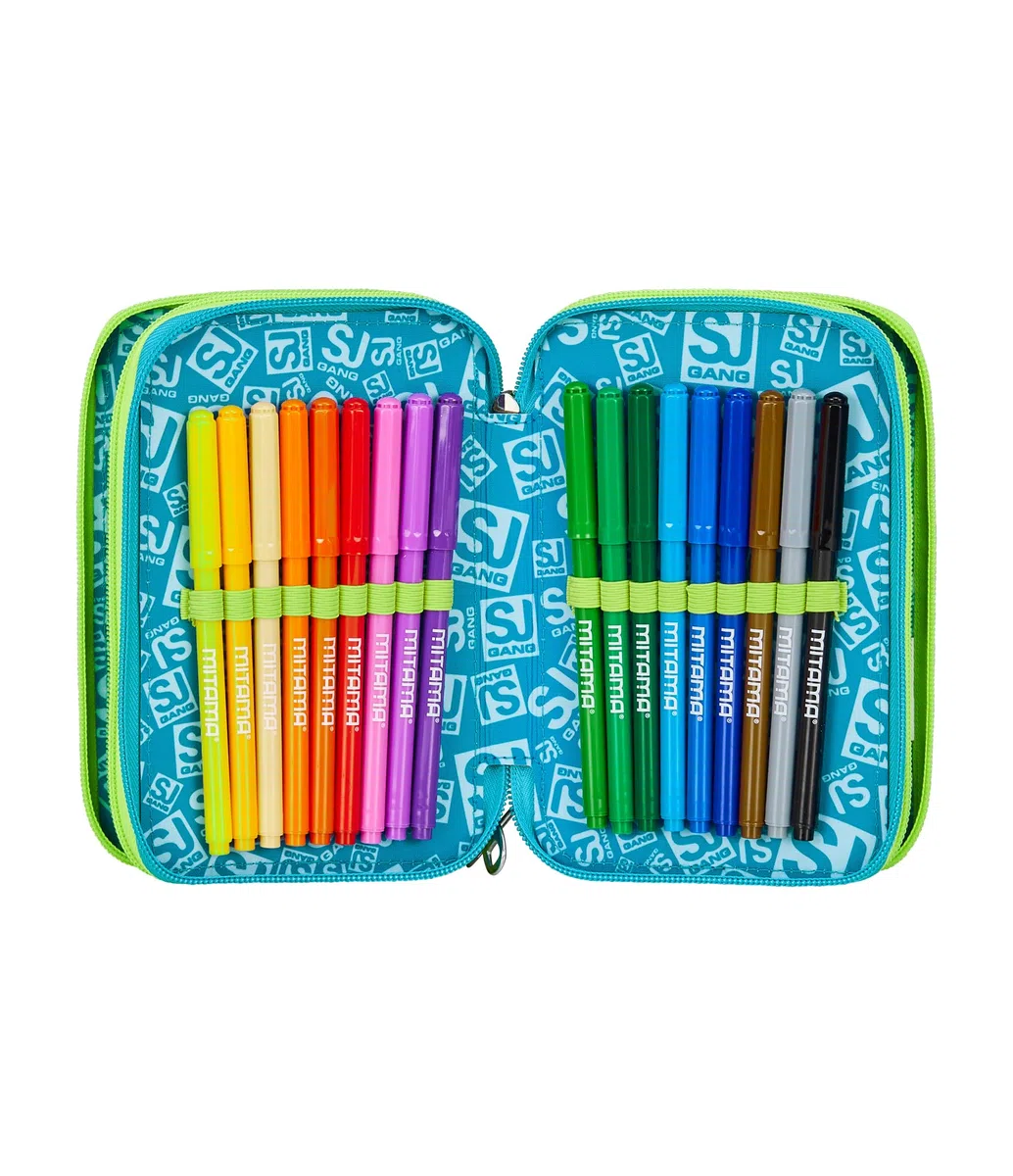 SJ GANG STYLE JAM GANG Astuccio Scuola 3 Zip, Blu, Portapenne Triplo Scomparto Completo Di Penne, Matite, Colori, Accessori Zaino, Scuole Elementari, Bambino