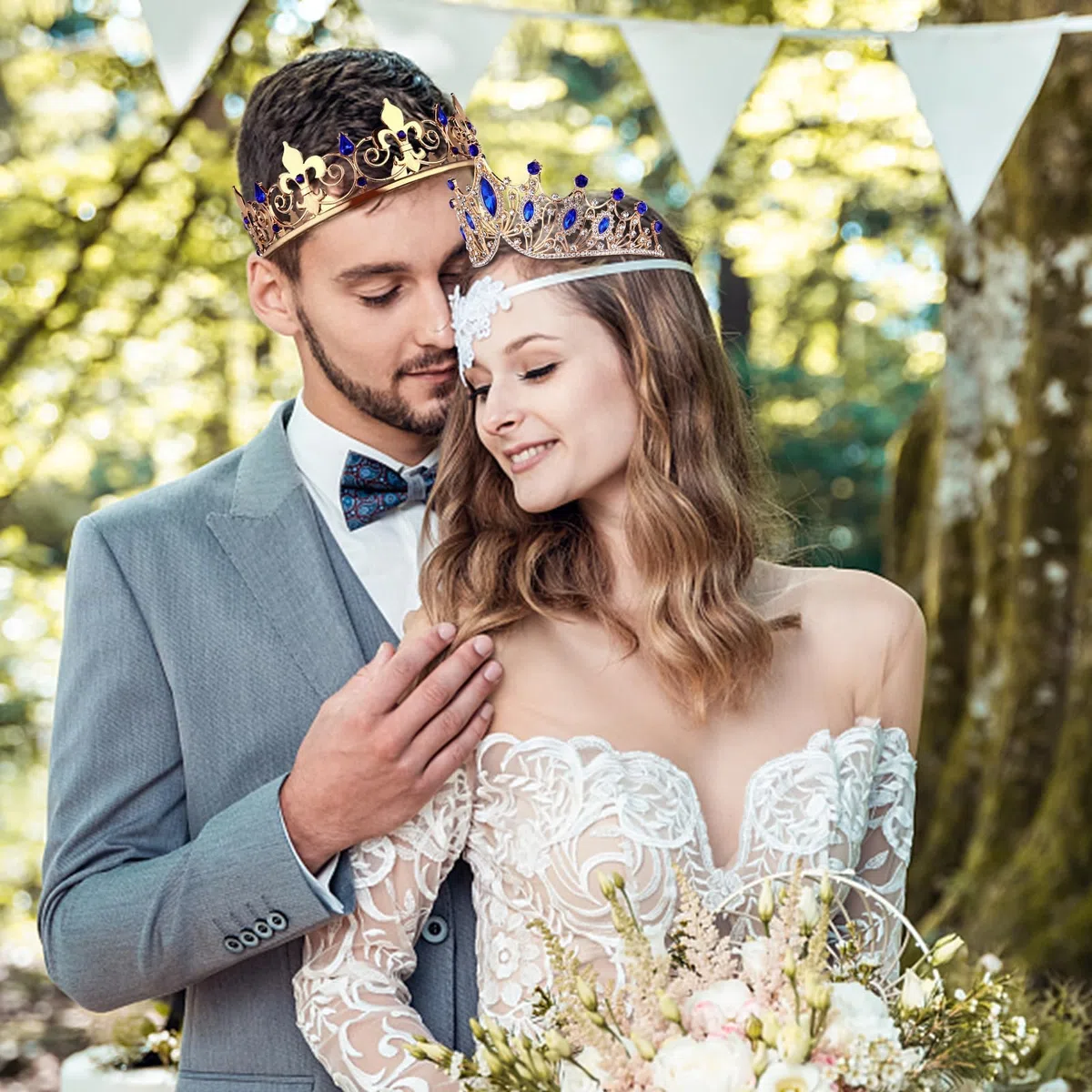 Set di 2 corone da ballo per re e regina da uomo, corona reale con strass blu, corone da donna, tiara, copricapo, per matrimoni, Halloween, feste di ritorno a casa, decorazioni per feste