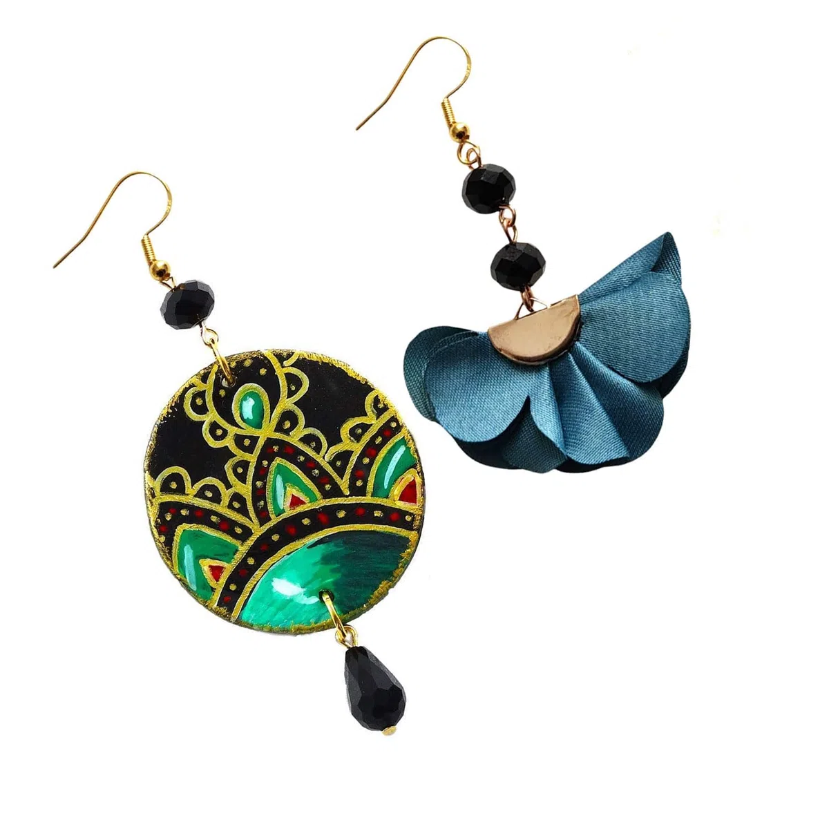 Orecchini dipinti a mano – DECORAZIONE CERAMICA DI VIETRI E FIORE - Pendenti da donna, Gioielli in legno dipinto, Gancio in argento, Made in Italy, Bijoux da donna decorati, Lavorazione Artigianale