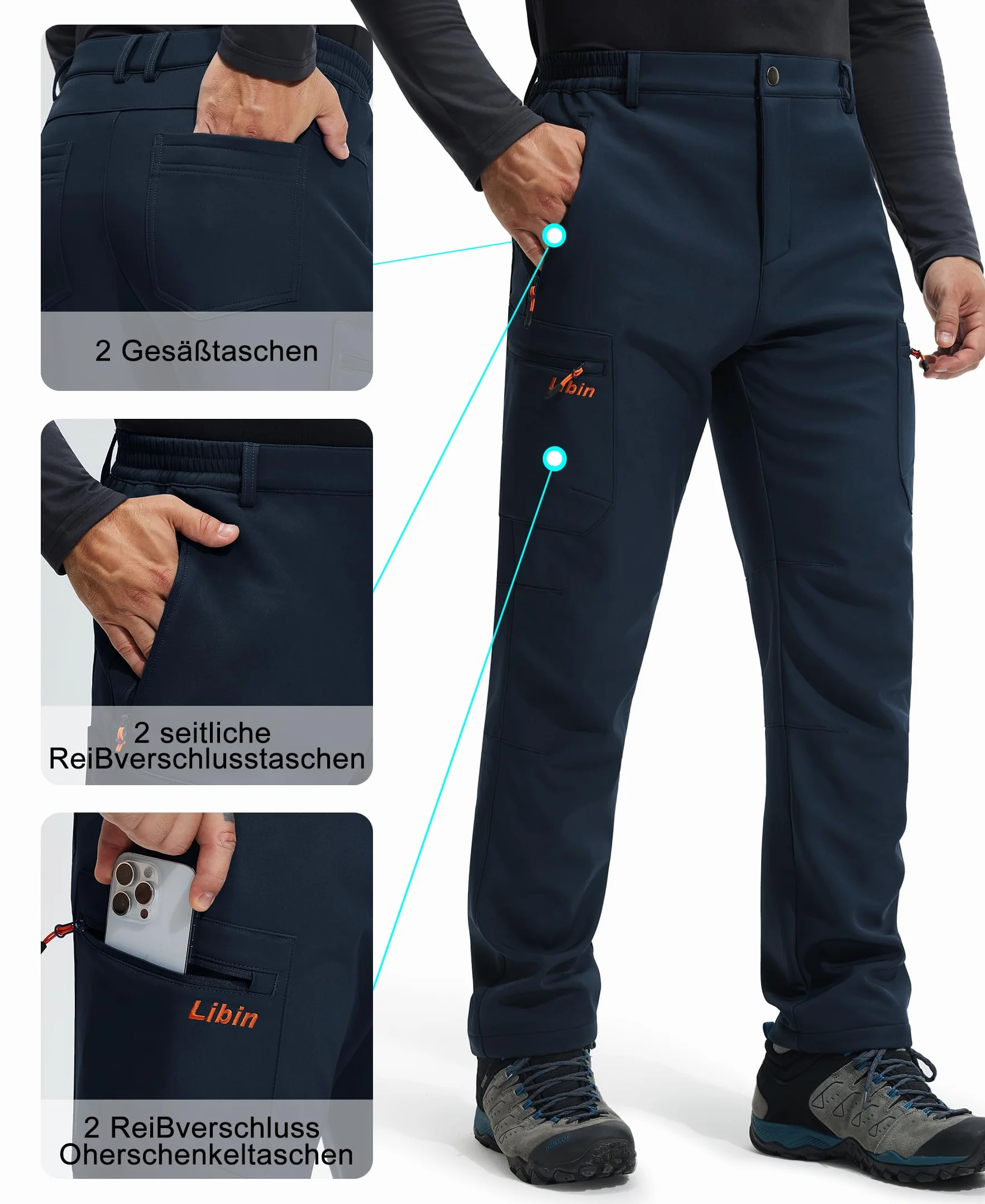 Libin Pantaloni da Neve Uomo Softshell Trekking Impermeabile Invernali Escursionismo Pantaloni Tasca con Cerniera, Navy Blu XXXL