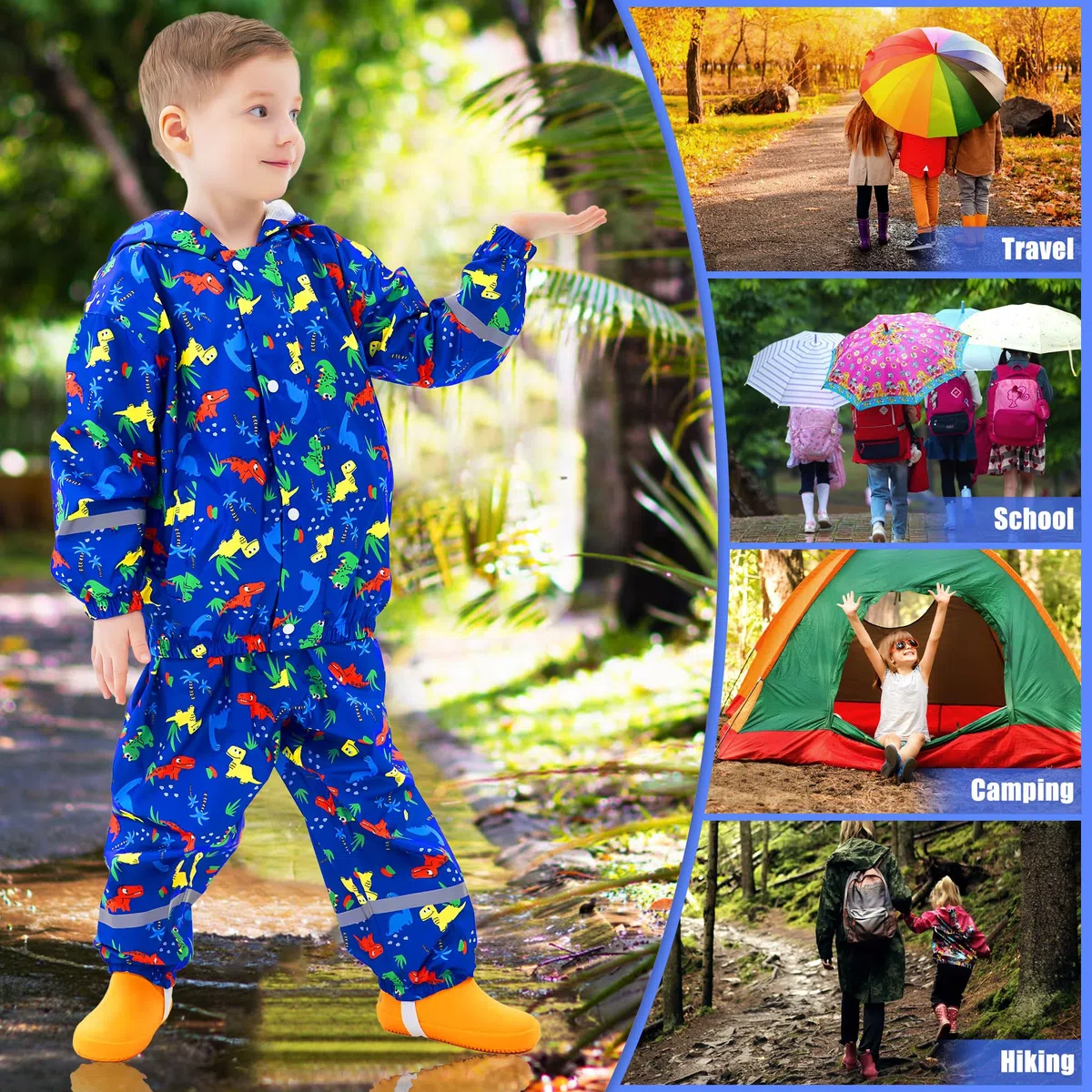 Tuta Impermeabile Bambino Bambina Giacca & Pantaloni Antipioggia Leggero Traspirante Tuta Pioggia Riflettente Completo Antipioggia con Cappuccio Ragazzi Ragazze 1-7 Anni, 86-122