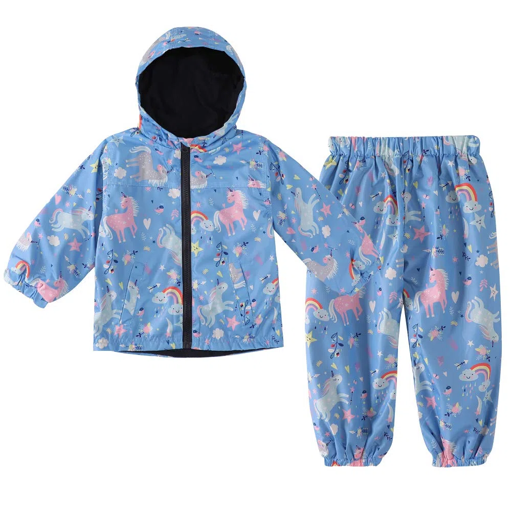 LZH Ragazzi Ragazze Impermeabile, Giacca Impermeabile con Cappuccio Cappotto Pantaloni Completi 2 PZ