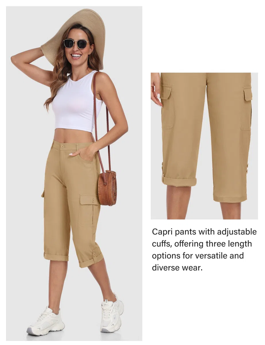 MoFiz Pantaloni Trekking Cargo Donna Cotone Estivi Pantaloni Montagna Shorts Sportivo Leggero Escursionismo con Tasche