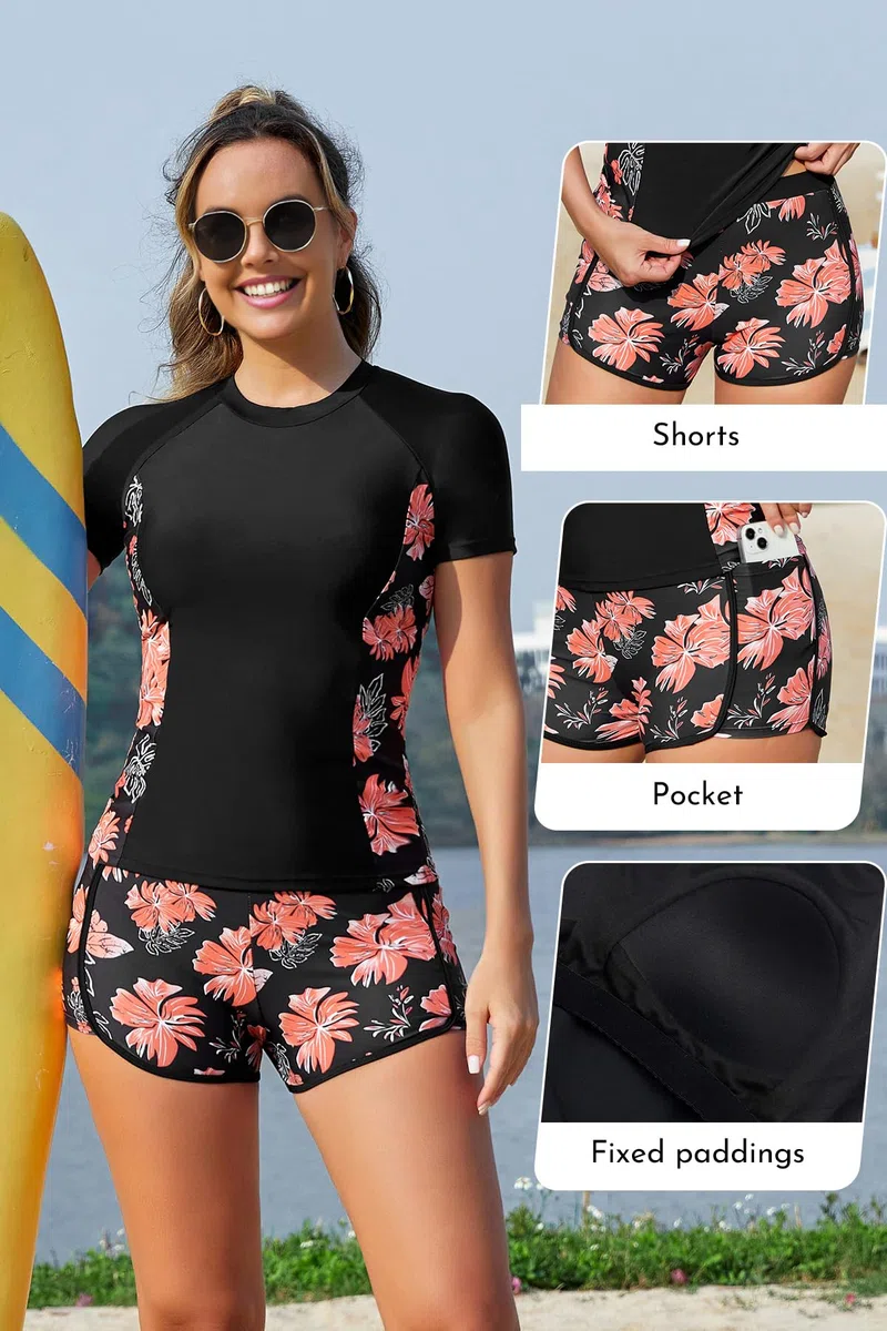 SHEKINI Rash Guard da Donna Stampato Due Pezzi a Maniche Corte Costumi da Bagno Protezione Solare Asciugatura Rapida Swimwear con Reggiseno Integrato con Boyshort