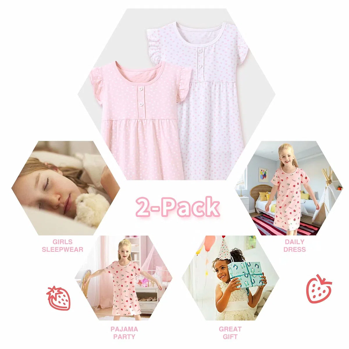 BANGSAUR Camicia da notte da bambina, in cotone, con stampa a cuore, da principessa, confezione da 2, 3-15 anni