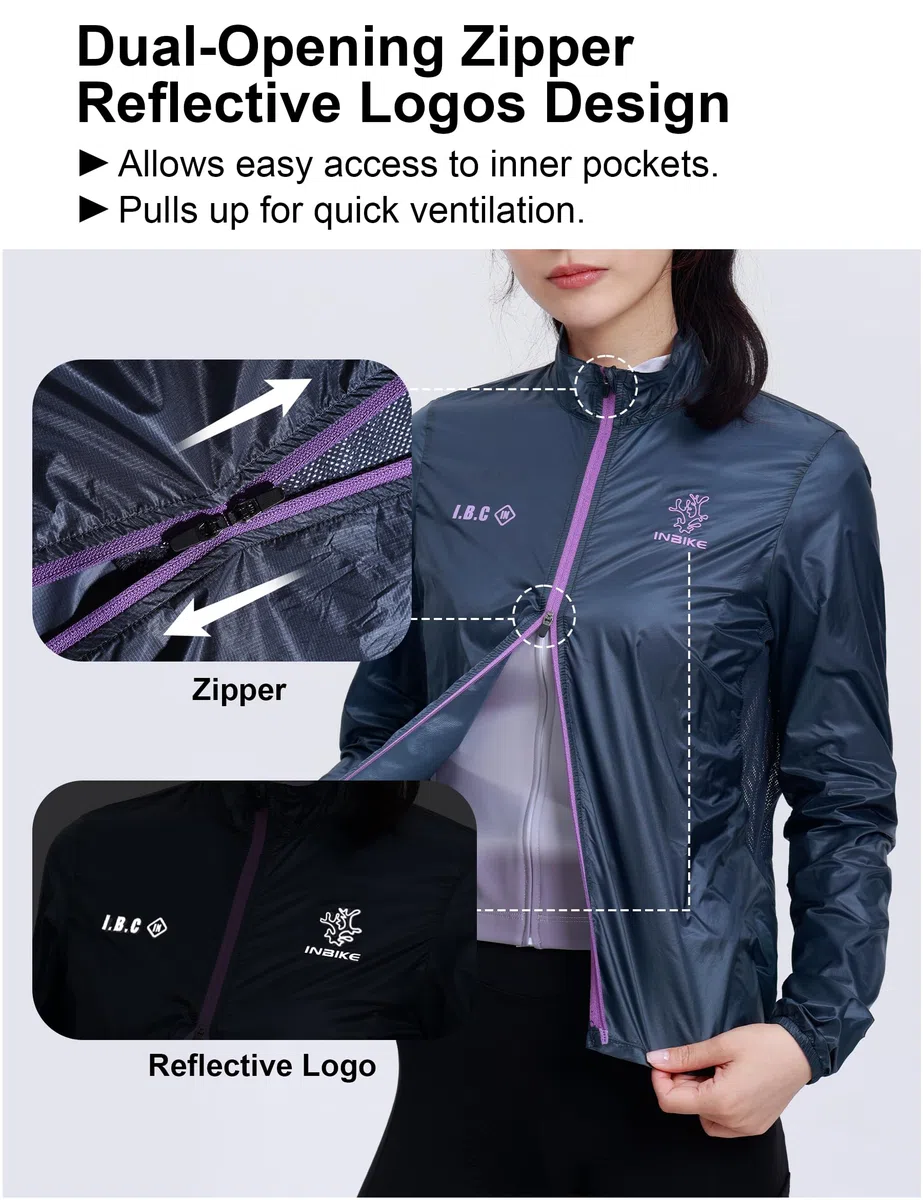 INBIKE Giacca Ciclismo Antivento Donna Giacca Running Leggero Idrorepellente Giacca Corsa Traspirante Ripiegabile con Tasche Posteriore Riflettenti per Outdoor